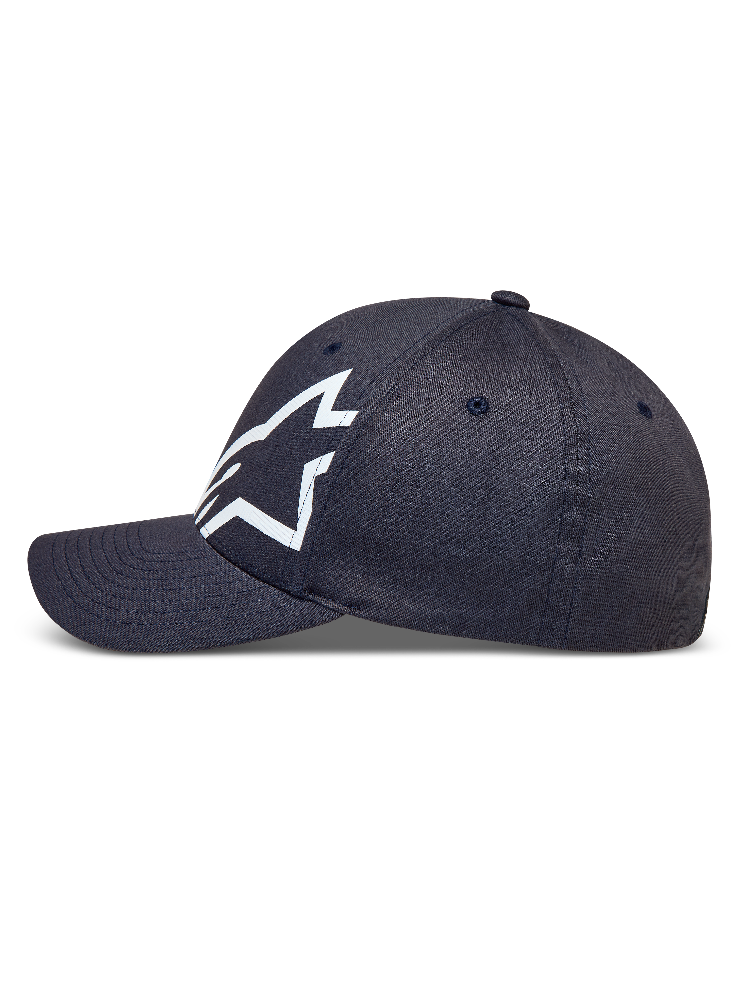 Alpinestars Maze hoed, donkergrijze sportpet van keperstof met gebogen klep en wit getextureerd Astars-logo.