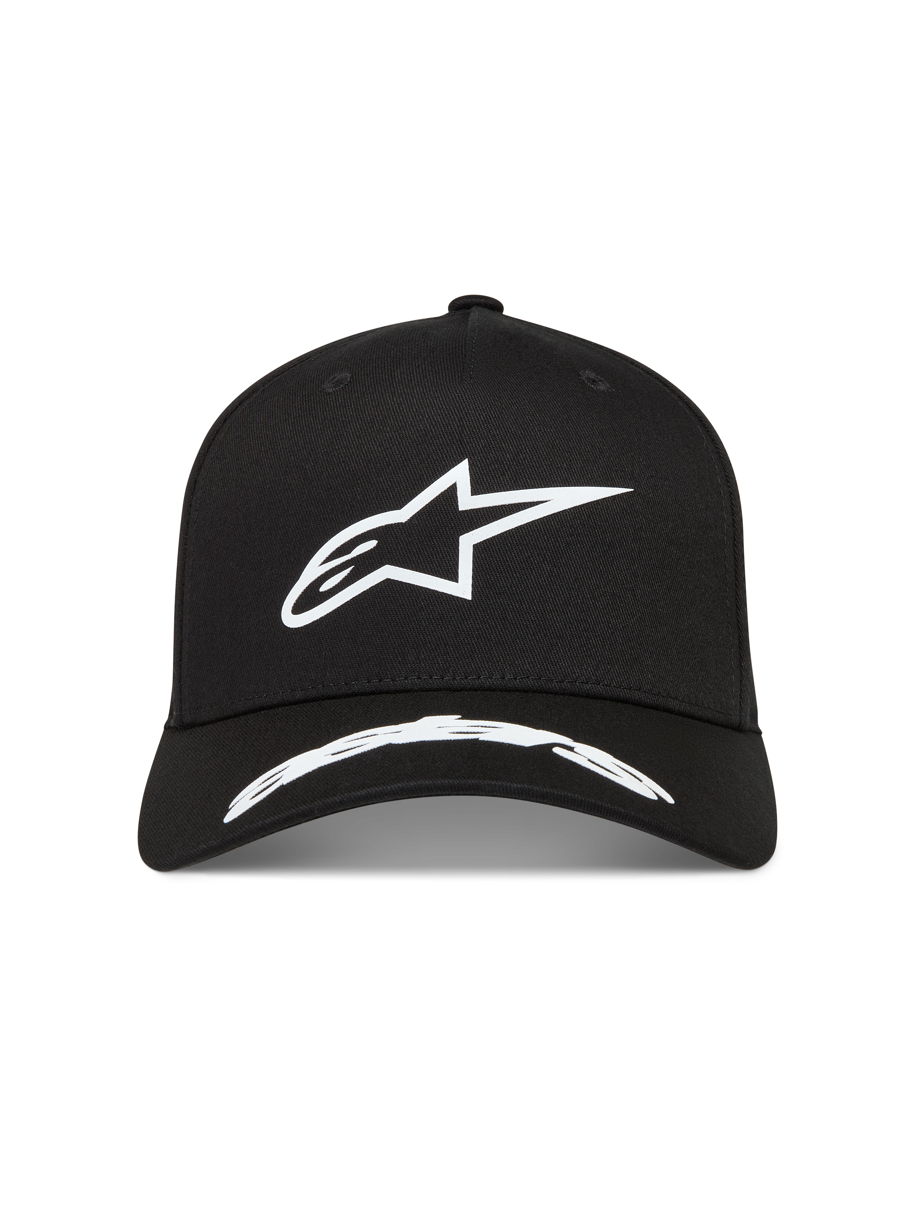 Alpinestars Arclight, casquette sportswear noire et blanche en sergé, visière incurvée et logo Astars en relief texturé