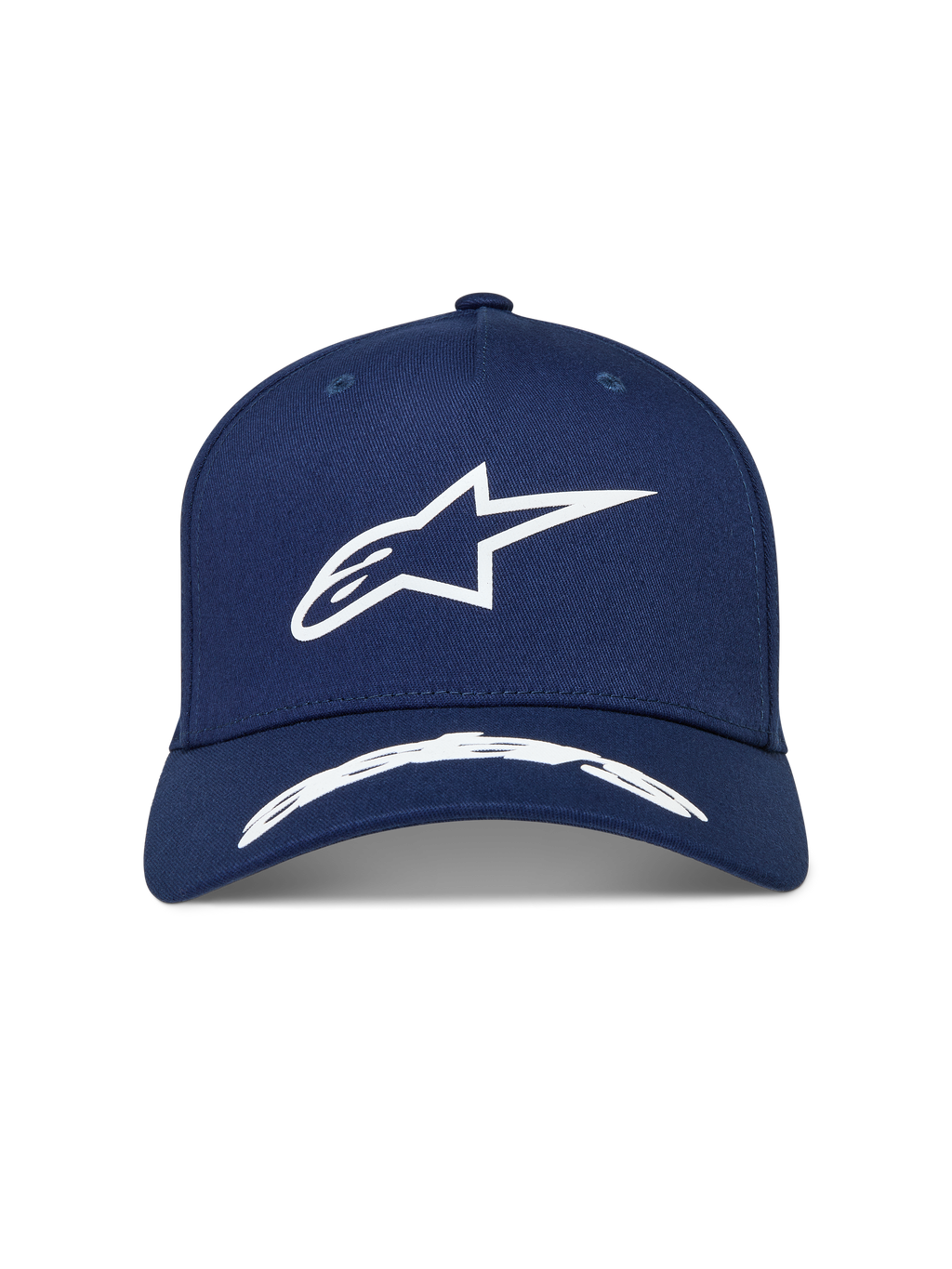 Alpinestars Arclight, casquette sportswear bleu marine et blanche, couronne structurée, visière incurvée et logo Astars blanc