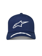 Alpinestars Arclight, casquette sportswear bleu marine et blanche, couronne structurée, visière incurvée et logo Astars blanc