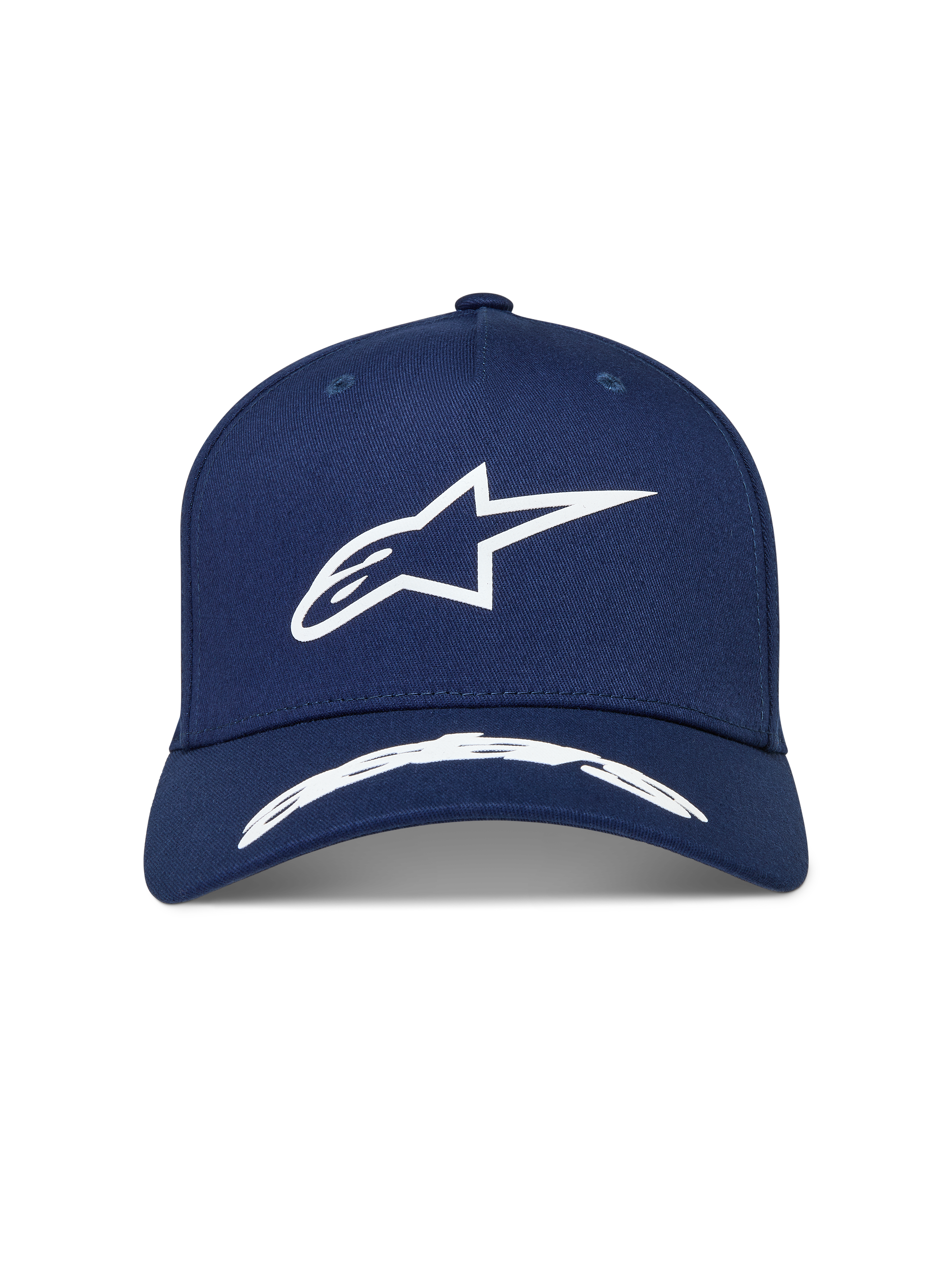 Alpinestars Arclight, casquette sportswear bleu marine et blanche, couronne structurée, visière incurvée et logo Astars blanc