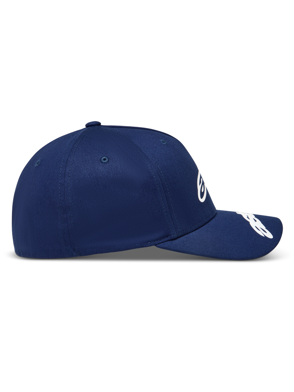 Alpinestars Arclight, casquette sportswear bleu marine en sergé, profil avec visière incurvée et couronne structurée.