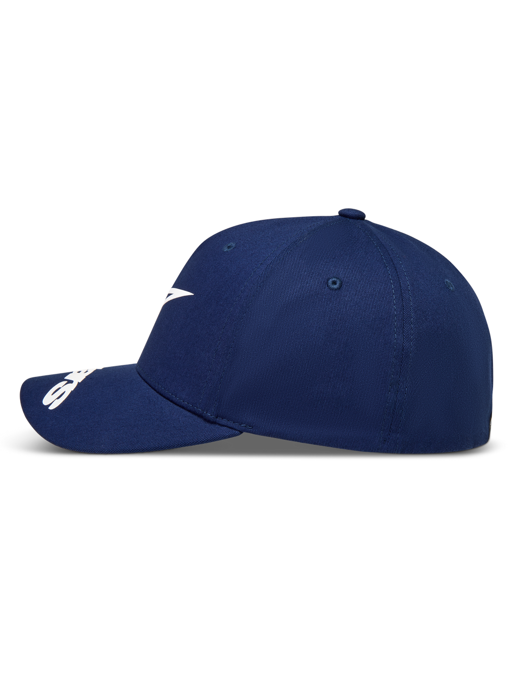 Alpinestars Arclight, casquette de sportswear bleu marine, vue de profil avec logo Astars blanc et visière incurvée