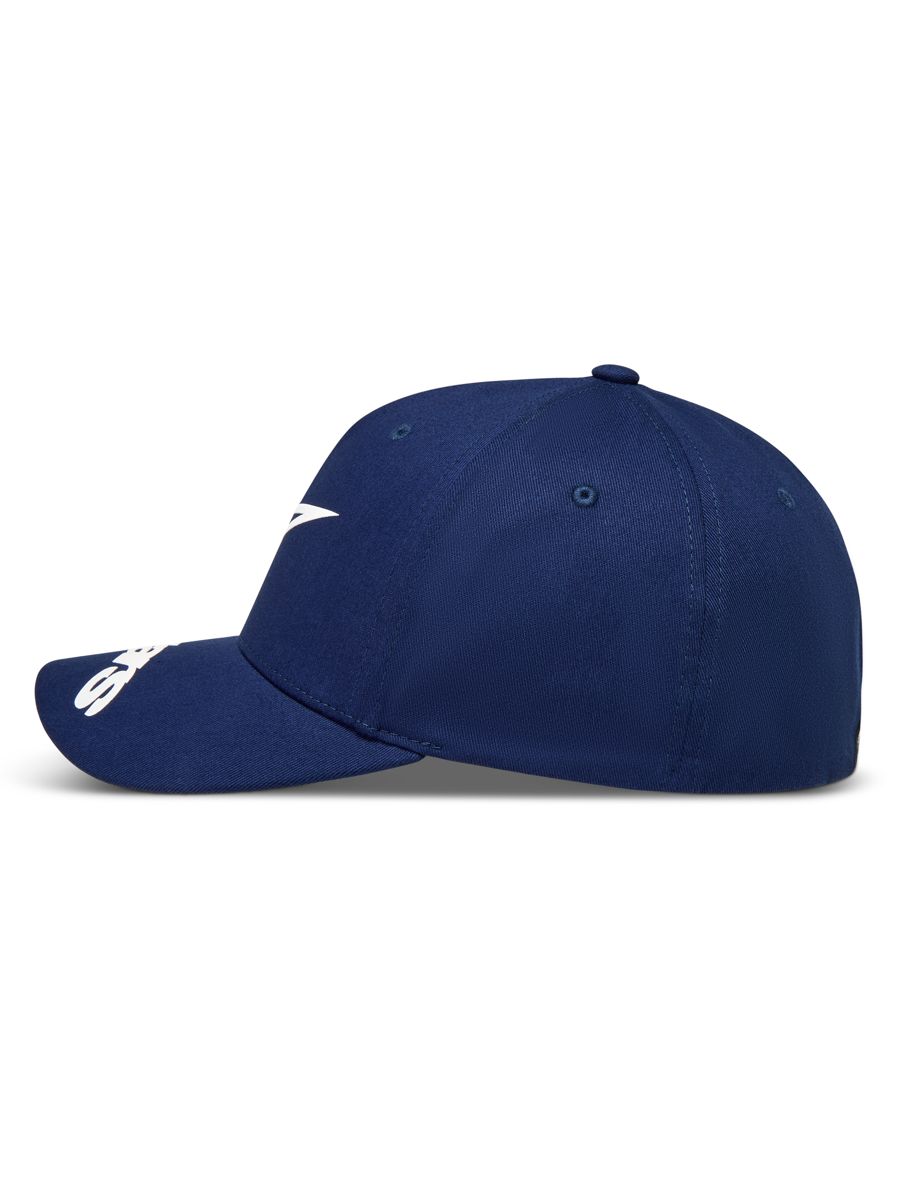 Alpinestars Arclight, casquette de sportswear bleu marine, vue de profil avec logo Astars blanc et visière incurvée