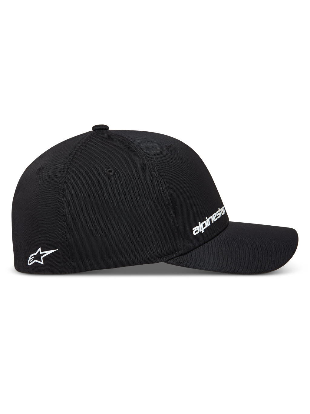 Alpinestars Points, casquette de sportswear noire en nylon tactel, vue de profil avec logos blancs en impression HD.