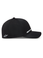 Alpinestars Points, casquette de sportswear noire en nylon tactel, vue de profil avec logos blancs en impression HD.