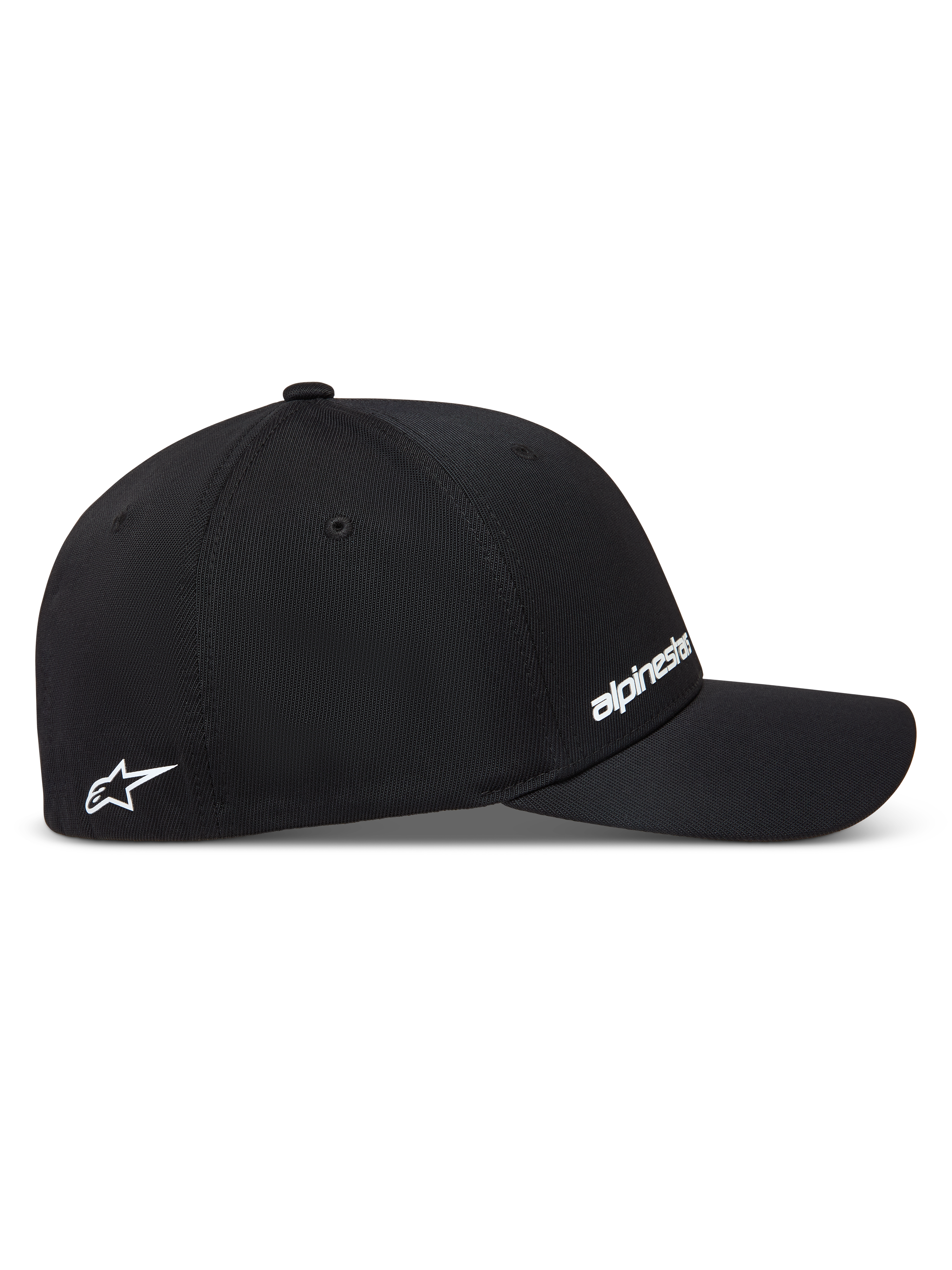Alpinestars Points, casquette de sportswear noire en nylon tactel, vue de profil avec logos blancs en impression HD.