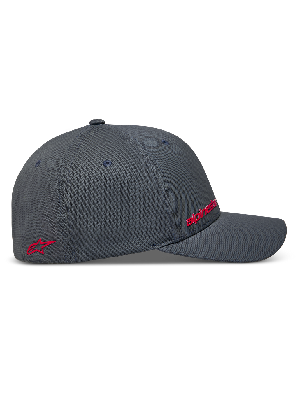 Alpinestars Points Casquette, casquette de sportswear gris foncé, vue de profil avec logos rouges en impression HD et tissu en nylon tactel.