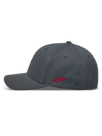 Alpinestars Points, casquette sportswear gris foncé avec logo latéral rouge, tissu technique nylon tactel et dos flexible.