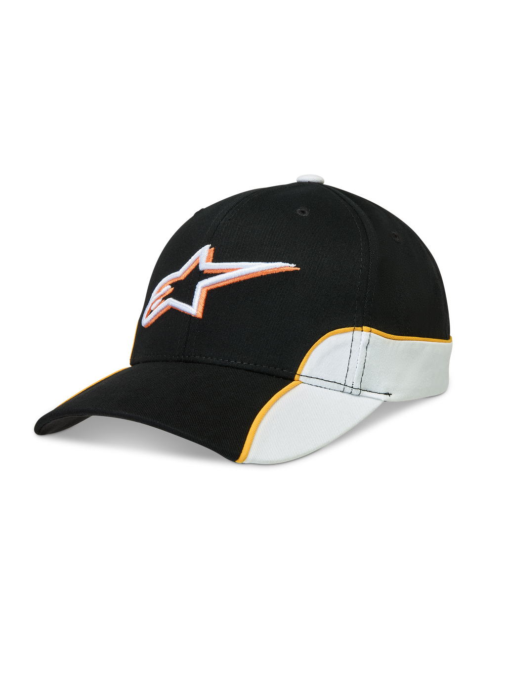 Alpinestars Casquette 500 Snapback, casquette de sportswear unisexe au style motorsport, noire et blanche avec passepoil orange, visière incurvée et logo Astars brodé en 3D, sergé de coton