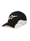 Alpinestars Casquette 500 Snapback, casquette de sportswear unisexe au style motorsport, noire et blanche avec passepoil orange, visière incurvée et logo Astars brodé en 3D, sergé de coton
