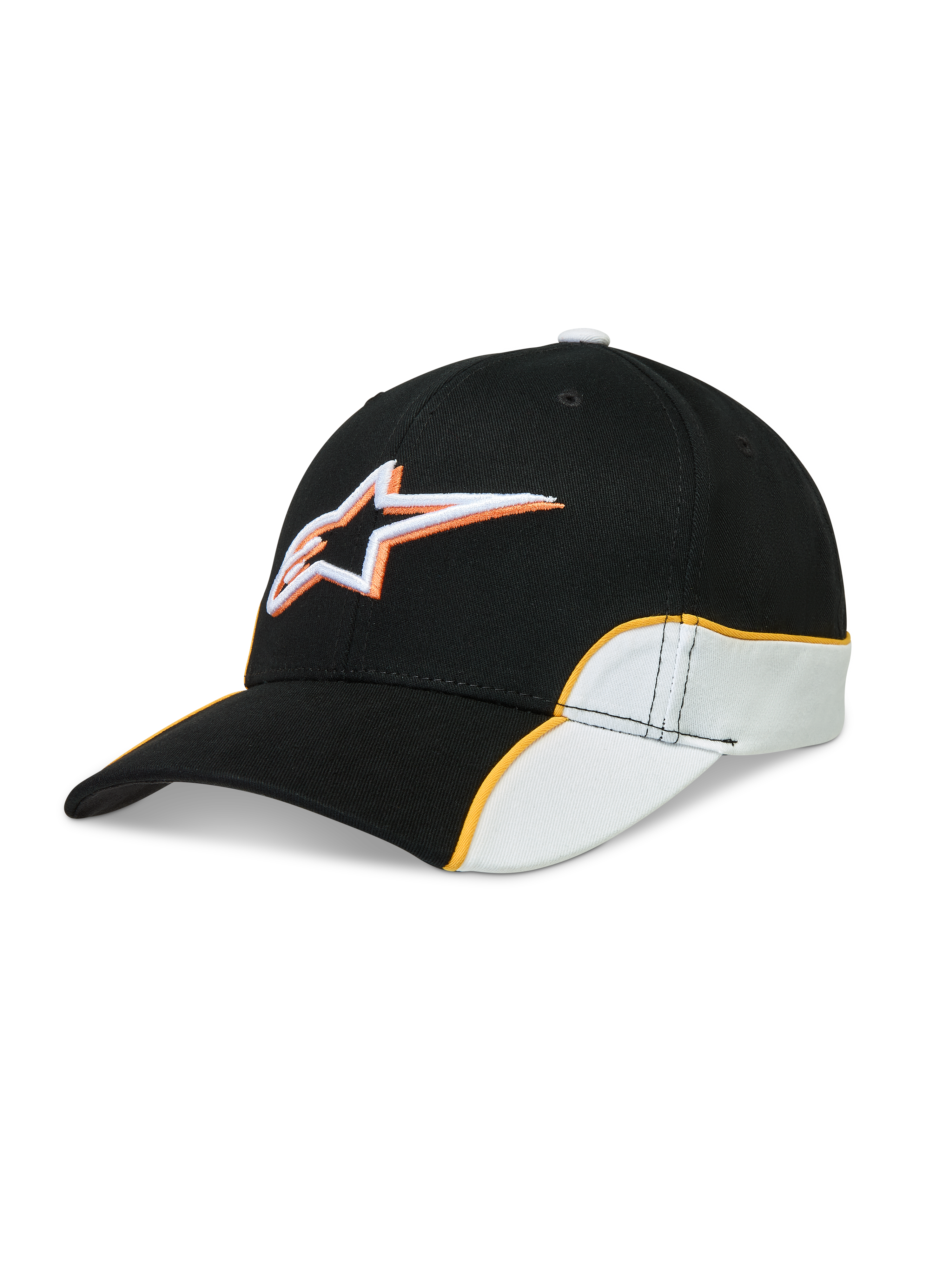 Alpinestars Casquette 500 Snapback, casquette de sportswear unisexe au style motorsport, noire et blanche avec passepoil orange, visière incurvée et logo Astars brodé en 3D, sergé de coton