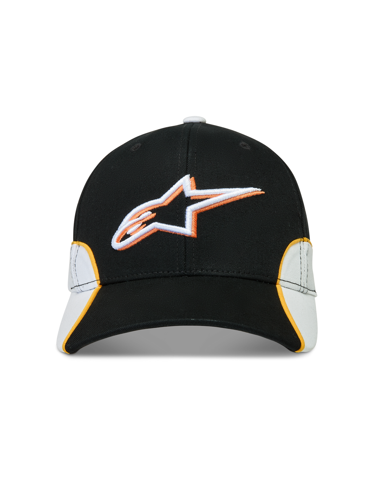 Alpinestars 500 Snapback Kappe, Motorsport-inspirierte Sportswear-Baseballkappe, Schwarz und Weiß mit orangefarbenen Akzenten, Baumwoll-Twill-Konstruktion, mit 3D-gesticktem Astars-Logo, gebogenem Schirm und strukturierter Krone.