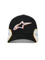 Alpinestars Casquette 500 Snapback, casquette de sportswear inspirée du motorsport, noire et blanche avec détails orange, logo Astars brodé en 3D, visière incurvée et couronne structurée en sergé de coton