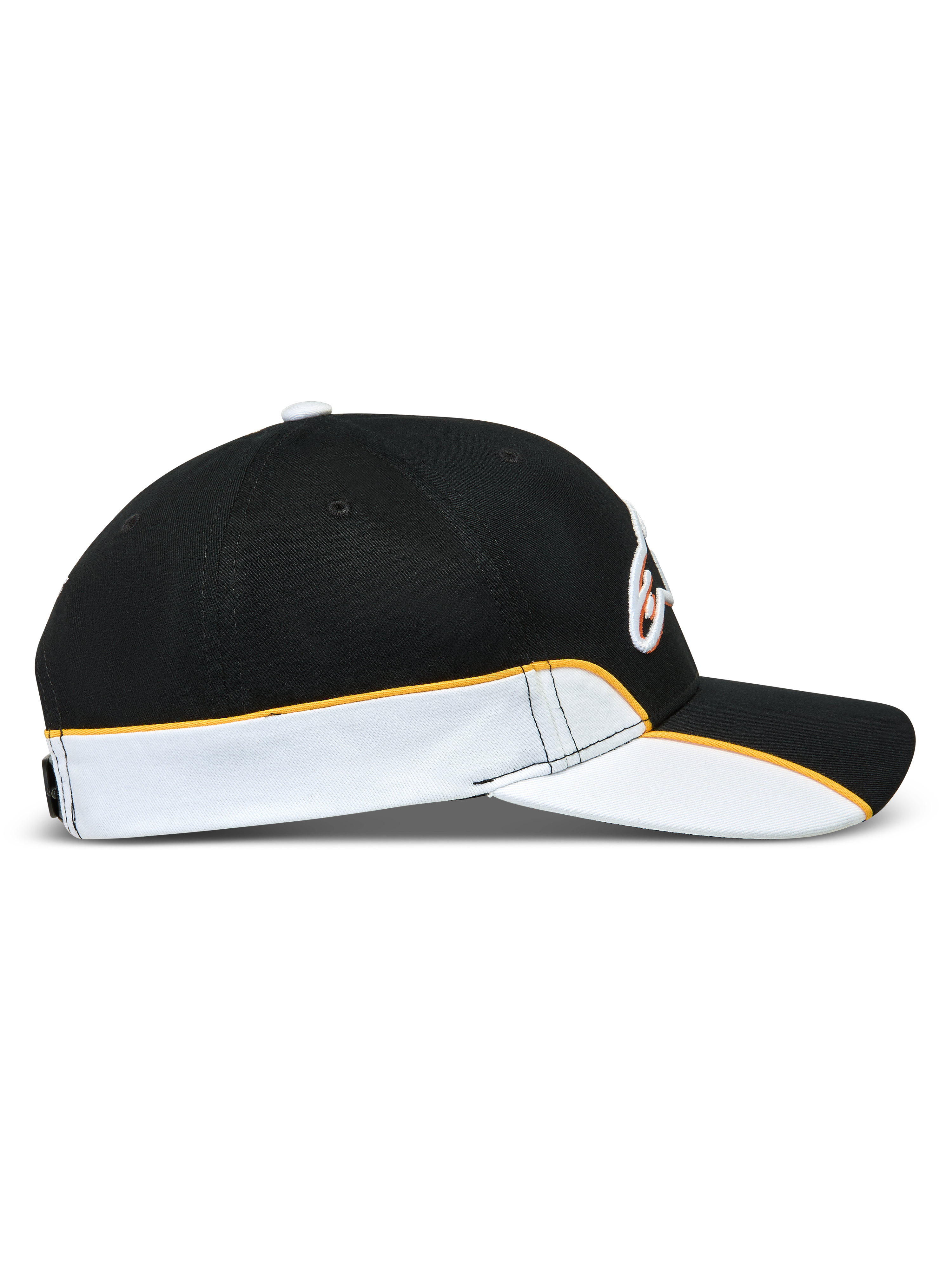 Alpinestars Casquette 500 Snapback, casquette sportswear inspirée du motorsport, noire et blanche avec liseré orange, vue de profil montrant la visière incurvée, la couronne structurée et le passepoil contrasté