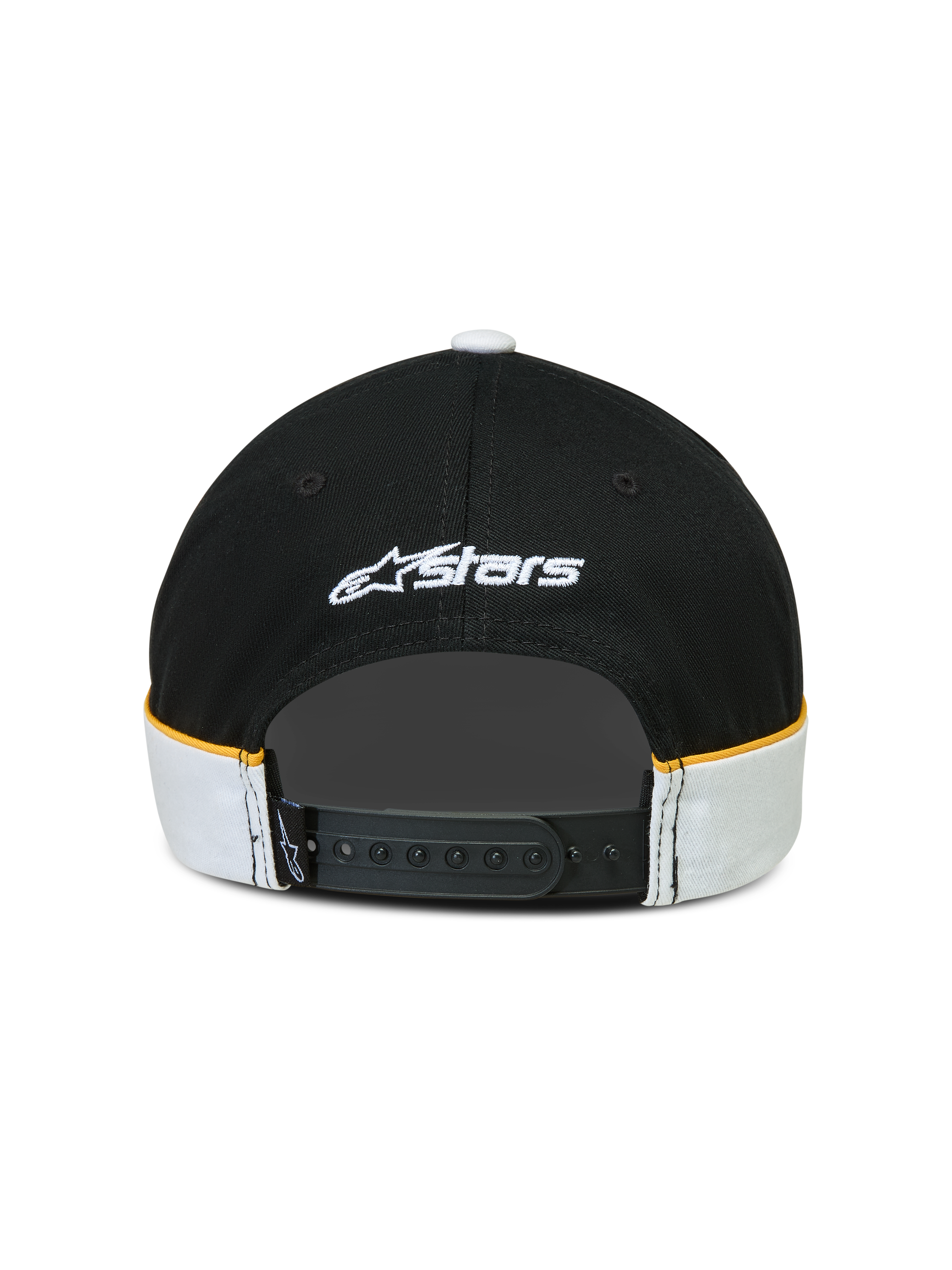 Alpinestars Casquette 500 Snapback, casquette sportswear lifestyle noire et blanche avec accents jaunes, vue arrière avec fermeture snapback réglable, logo Astars blanc brodé et passepoil contrasté.