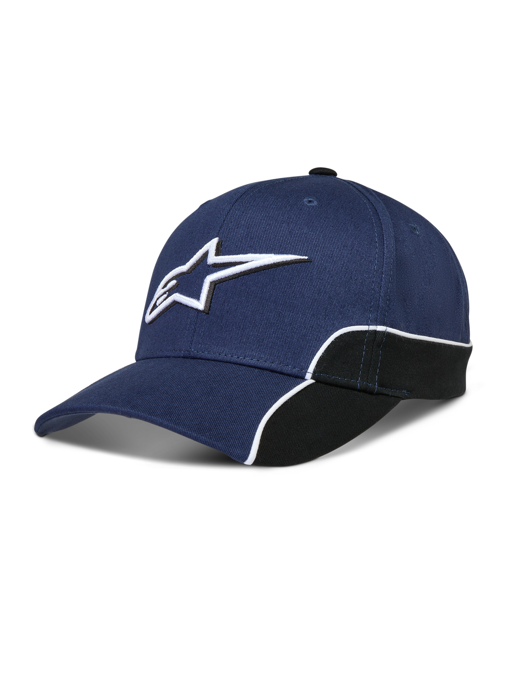 Alpinestars 500 Snapback pet, sportswear baseballpet, navyblauw en zwart, voorzien van 3D Astars-logo borduursel, gebogen klep en witte contrasterende biezen, 100% katoen.