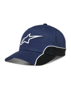 Alpinestars 500 Snapback pet, sportswear baseballpet, navyblauw en zwart, voorzien van 3D Astars-logo borduursel, gebogen klep en witte contrasterende biezen, 100% katoen.