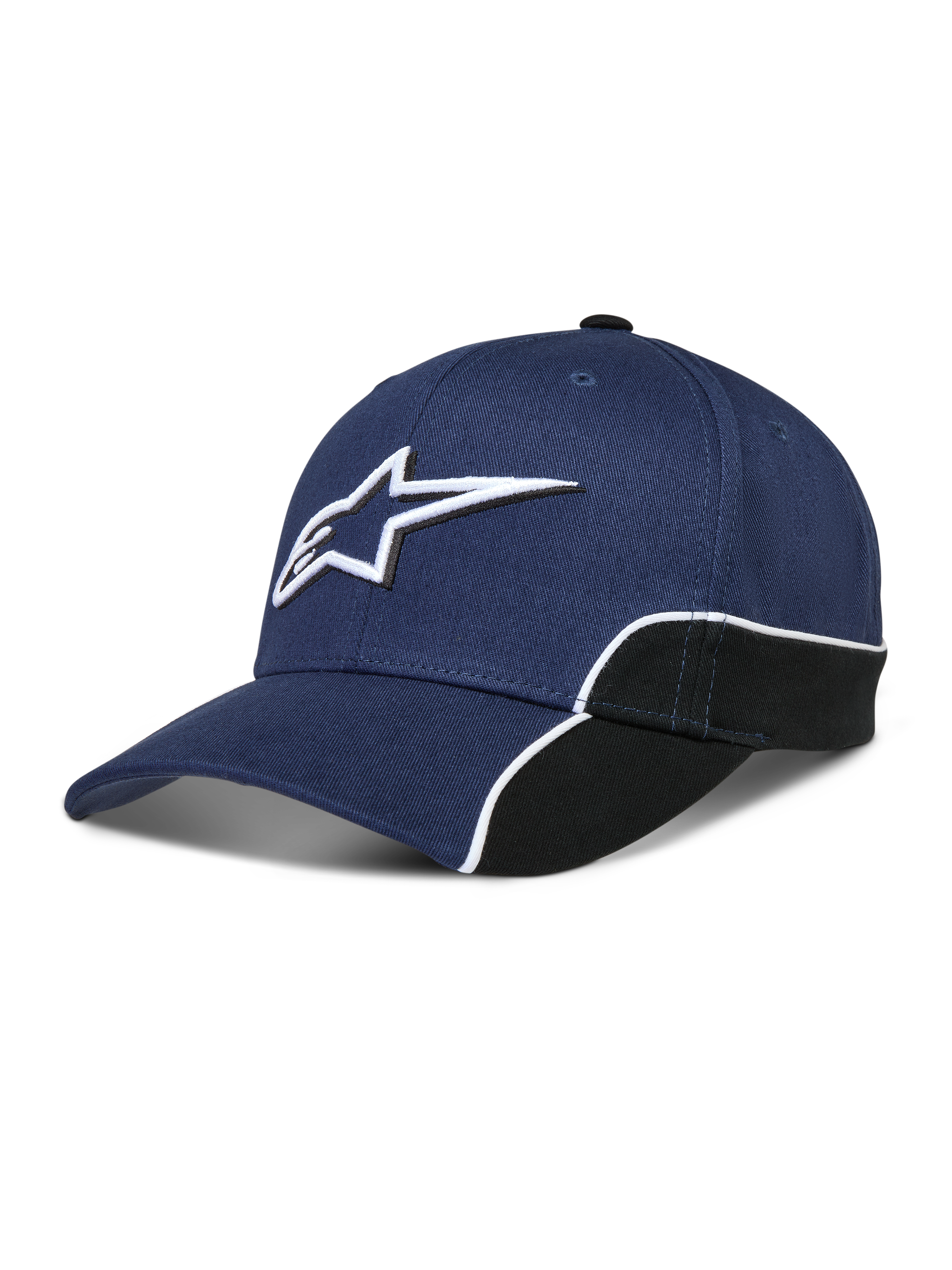 Alpinestars 500 Snapback pet, sportswear baseballpet, navyblauw en zwart, voorzien van 3D Astars-logo borduursel, gebogen klep en witte contrasterende biezen, 100% katoen.