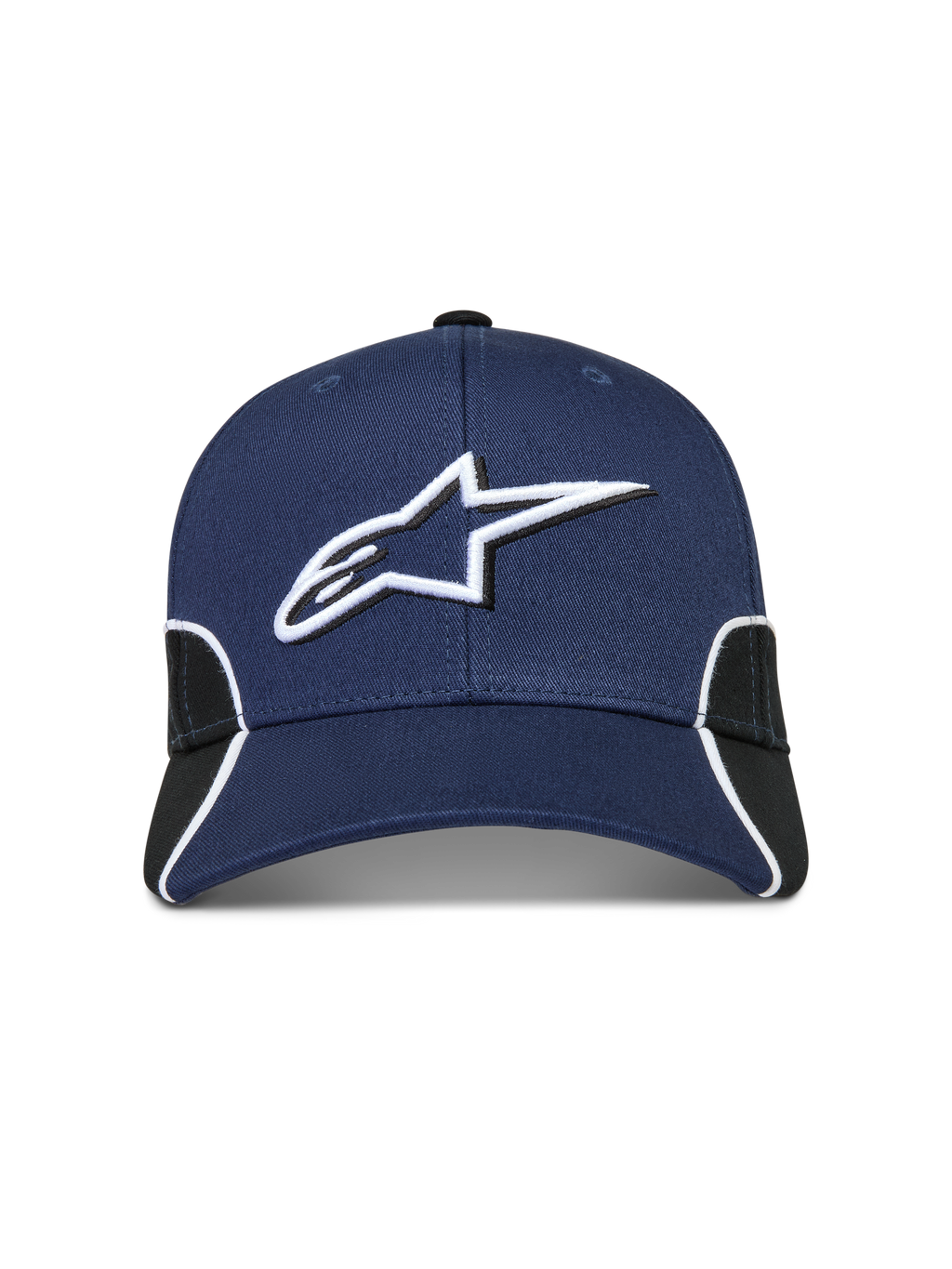 Alpinestars 500 Snapback pet, motorsport-geïnspireerde sportswear-pet, navyblauw en zwart, 3D Astars-logo borduurwerk, gebogen klep en witte contrasterende biezen.