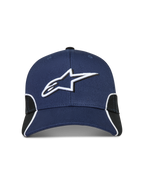 Alpinestars 500 Snapback pet, motorsport-geïnspireerde sportswear-pet, navyblauw en zwart, 3D Astars-logo borduurwerk, gebogen klep en witte contrasterende biezen.