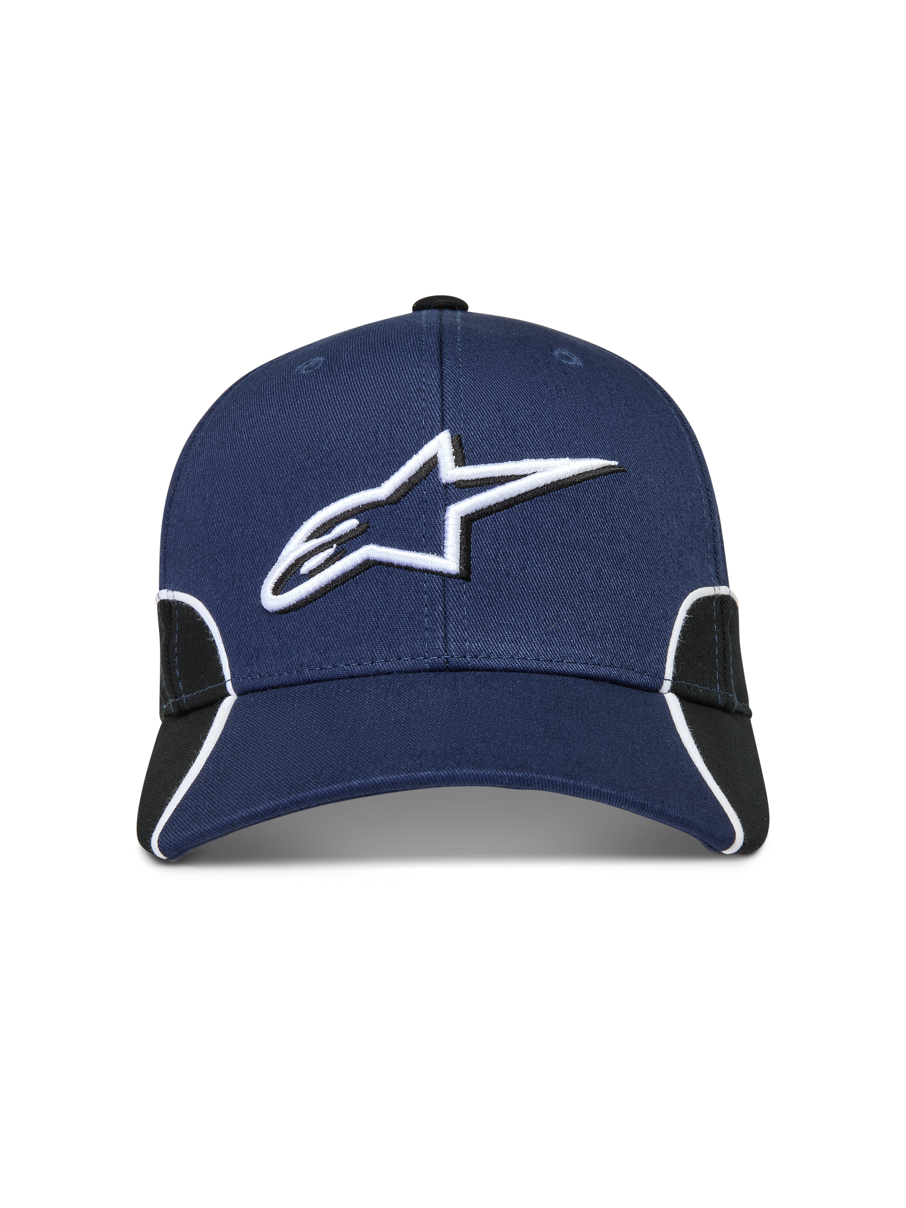 Alpinestars 500 Snapback pet, motorsport-geïnspireerde sportswear-pet, navyblauw en zwart, 3D Astars-logo borduurwerk, gebogen klep en witte contrasterende biezen.