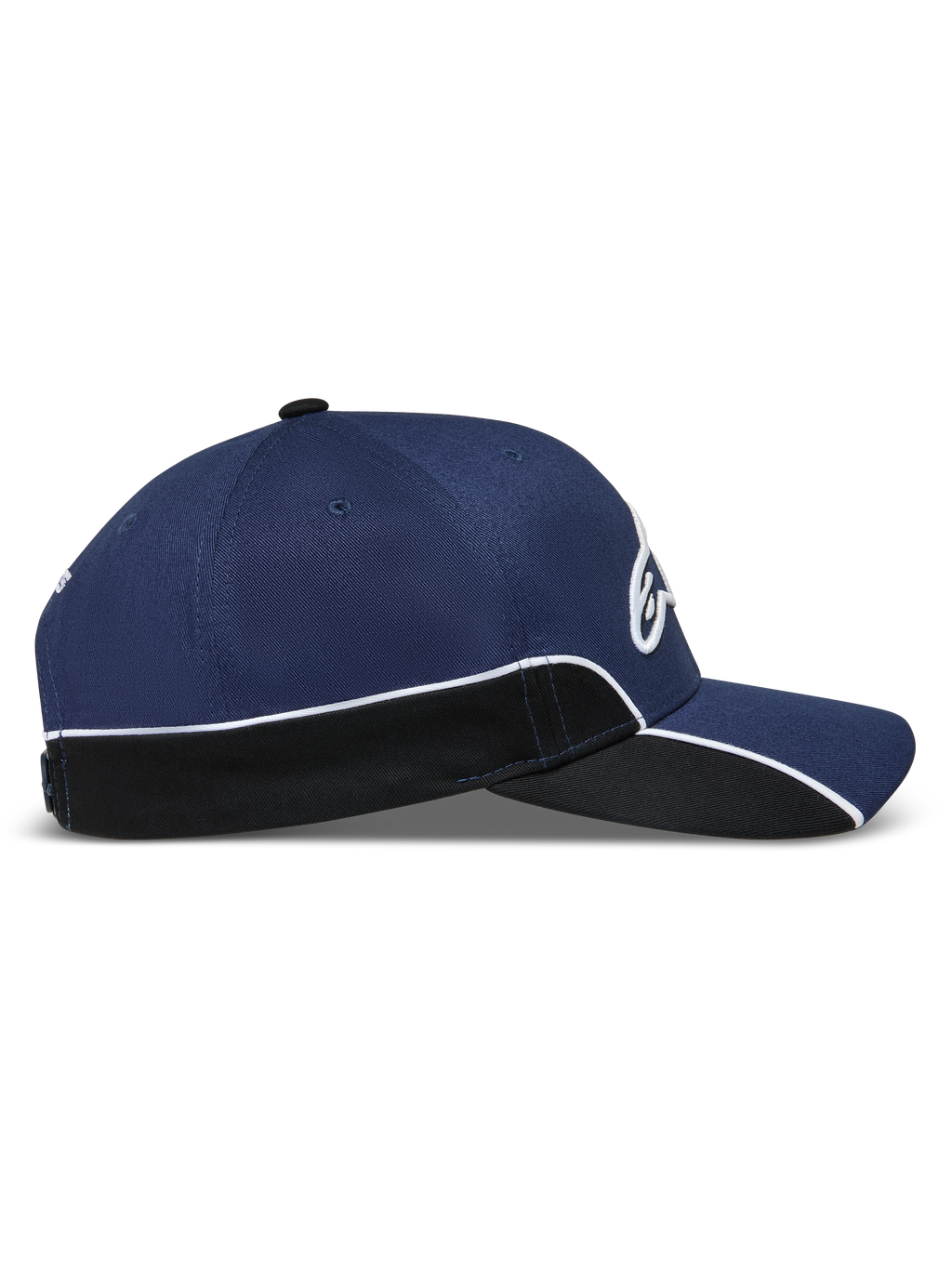 Alpinestars 500 Snapback pet, uniseks motorsportgeïnspireerde sportswear baseballpet, marineblauw en zwart, met een gestructureerde kroon, gebogen klep, witte contrastbiezen en 3D Astars-borduursel, zijaanzicht.
