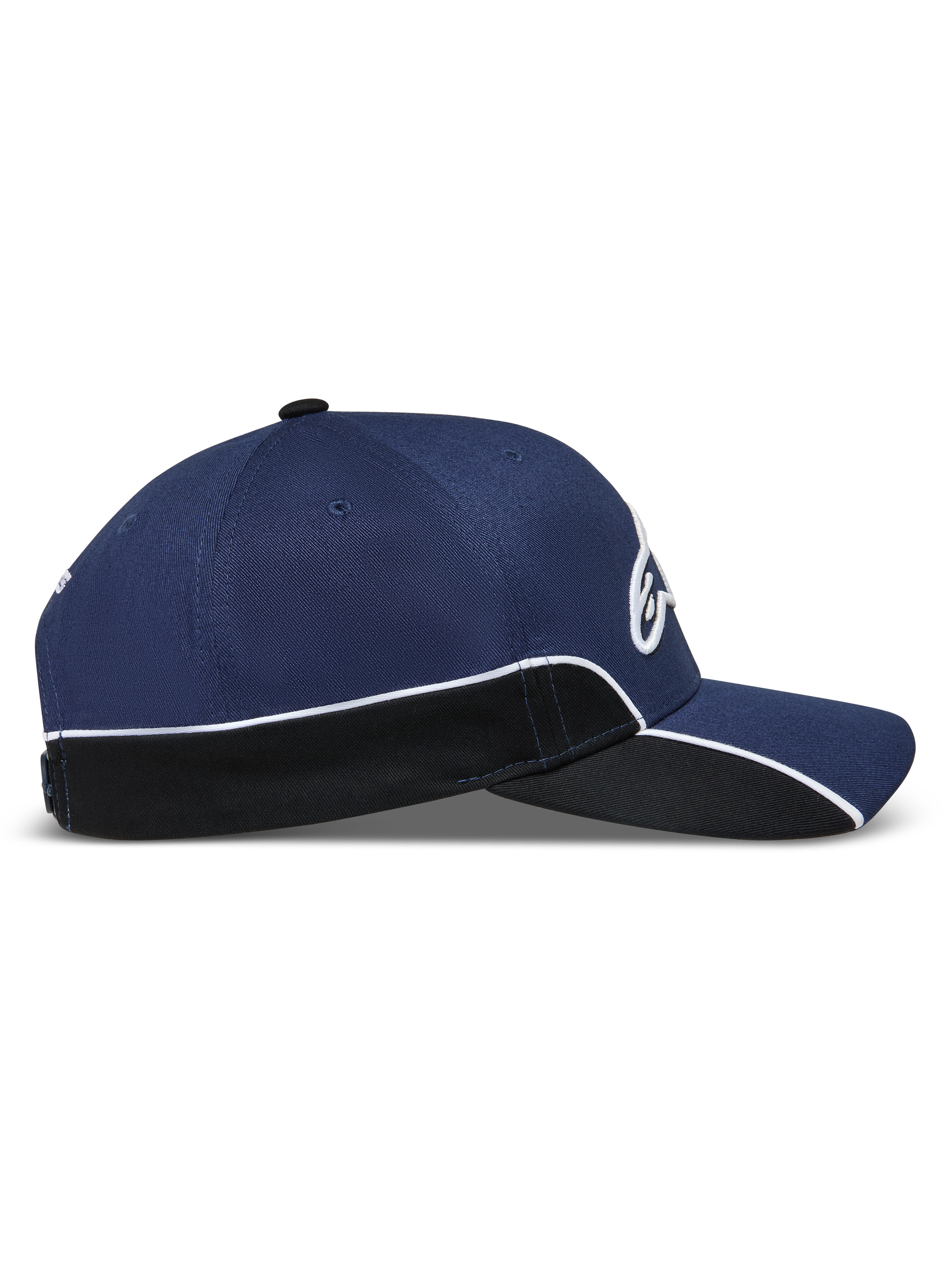 Alpinestars 500 Snapback pet, uniseks motorsportgeïnspireerde sportswear baseballpet, marineblauw en zwart, met een gestructureerde kroon, gebogen klep, witte contrastbiezen en 3D Astars-borduursel, zijaanzicht.