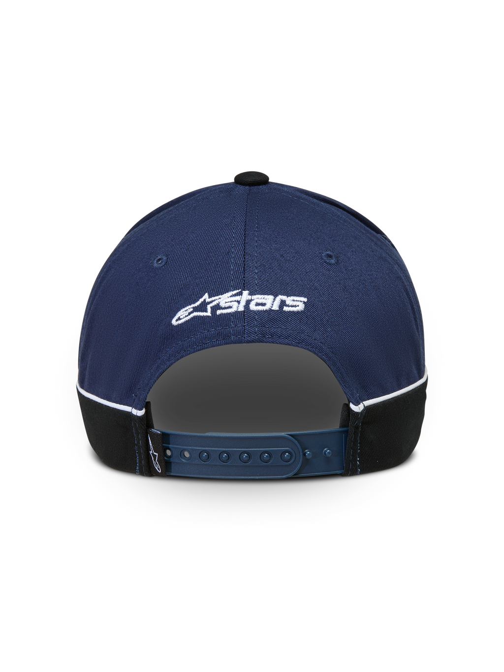 Alpinestars 500 Snapback pet, sportswearpet, blauw en zwart, achteraanzicht met verstelbare snapbacksluiting, wit geborduurd Astars-logo en contrasterende biezen.