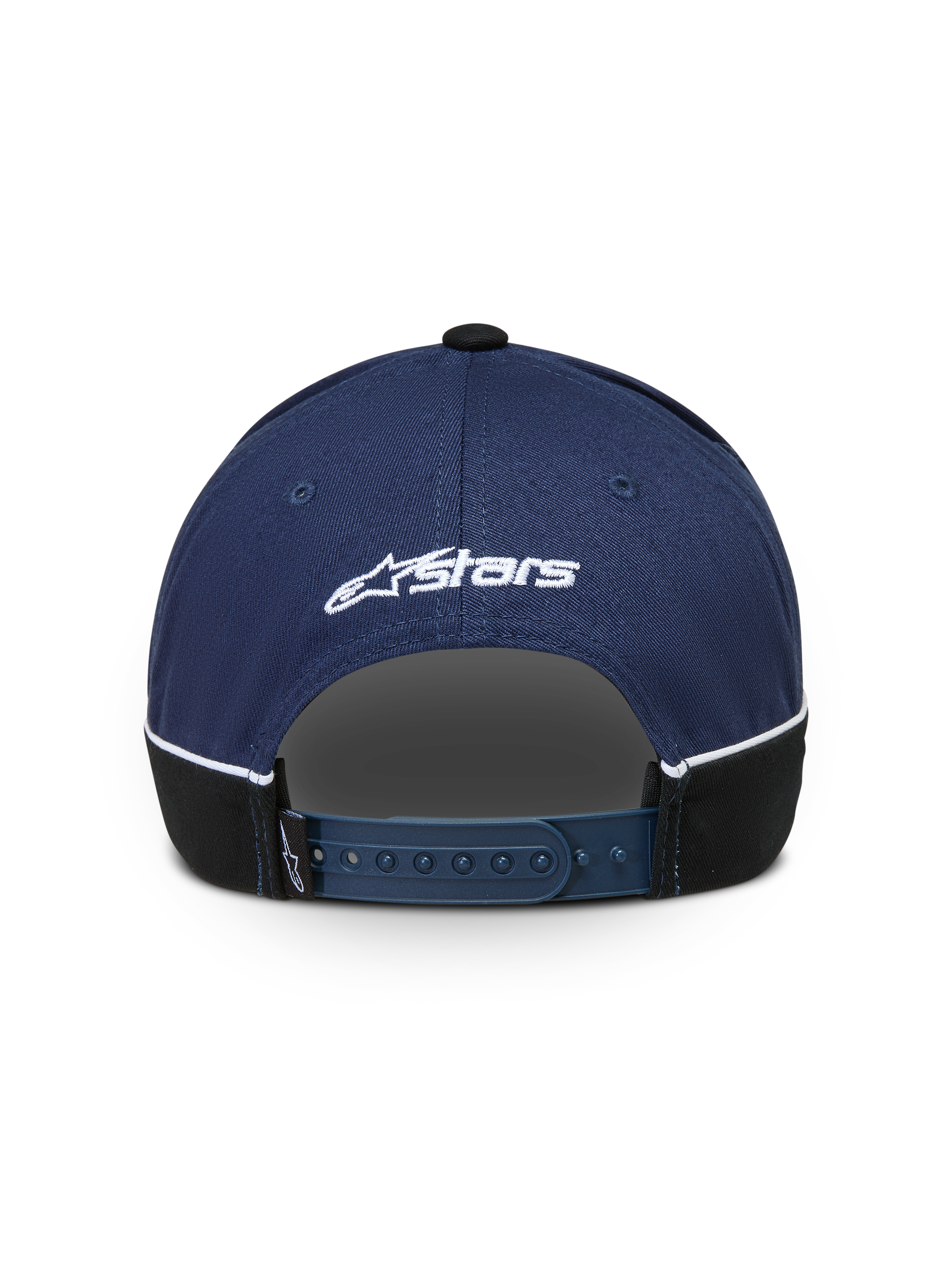 Alpinestars 500 Snapback pet, sportswearpet, blauw en zwart, achteraanzicht met verstelbare snapbacksluiting, wit geborduurd Astars-logo en contrasterende biezen.