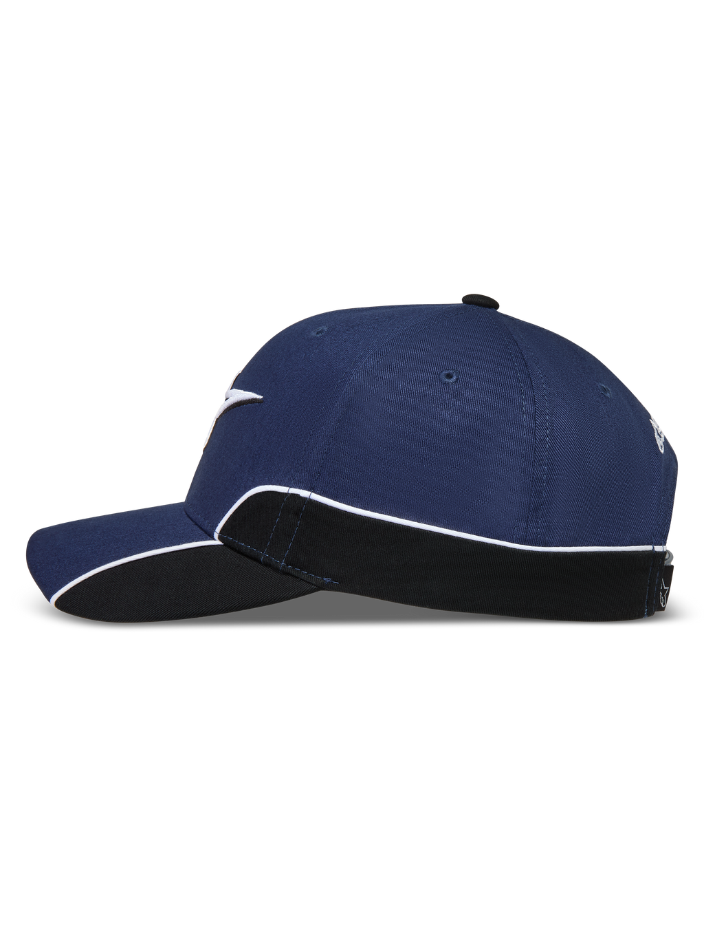 Alpinestars 500 Snapback pet, sportswear-lifestylepet, unisex, donkerblauw en zwart, zijprofiel met gebogen klep, gestructureerde kroon en witte contrasterende biezen op het zijpaneel.