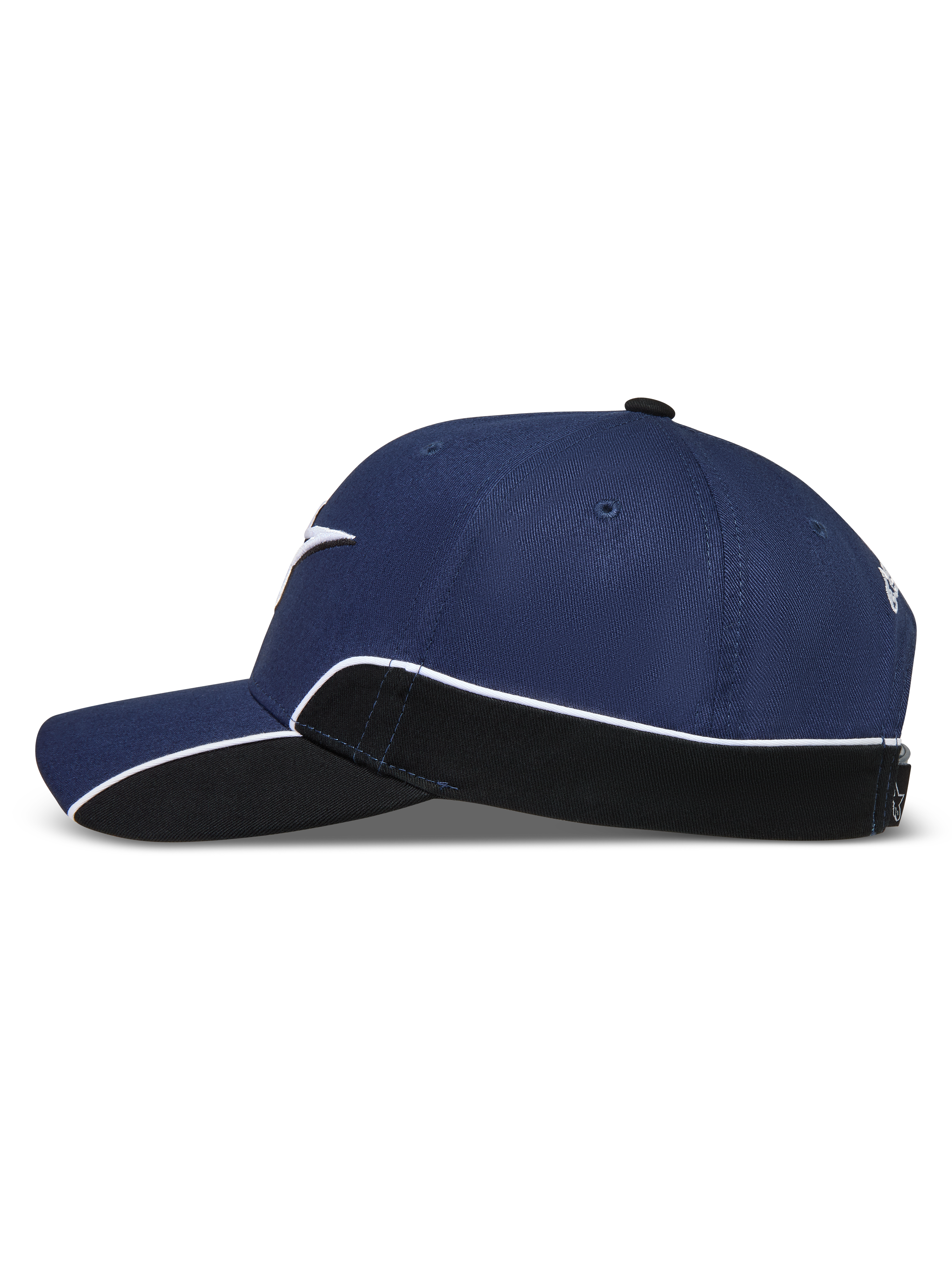 Alpinestars 500 Snapback pet, sportswear-lifestylepet, unisex, donkerblauw en zwart, zijprofiel met gebogen klep, gestructureerde kroon en witte contrasterende biezen op het zijpaneel.