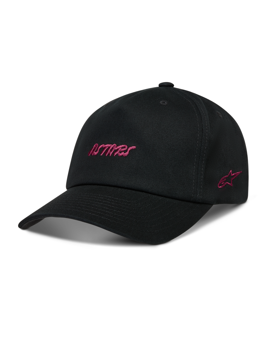 Alpinestars Explorer Strapback Hat, black sportswear cap with pink Astars logo embroidery and structured crown.