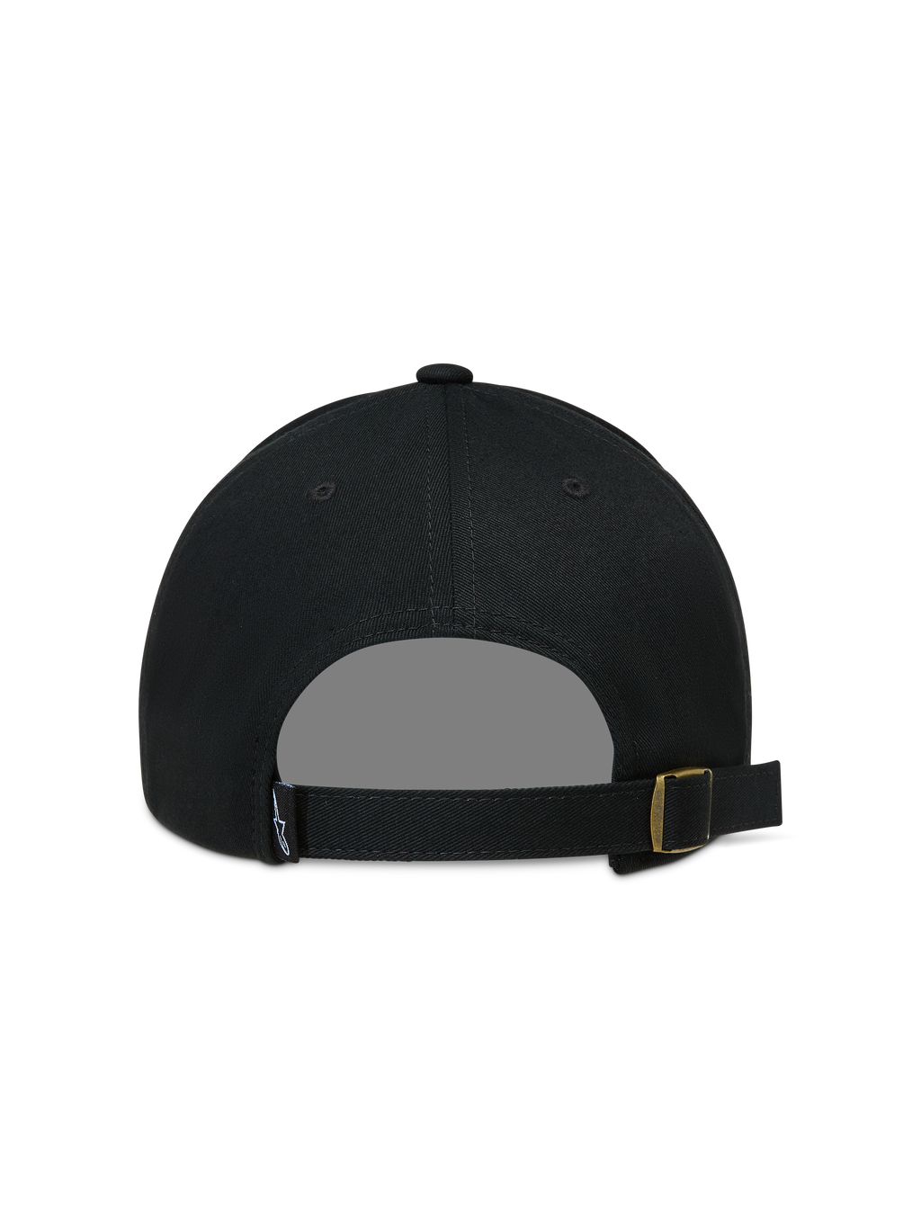 Alpinestars Explorer Strapback Hat, Black Sportswear Cap, rear view with an adjustable strap and gold-tone metal buckle.
