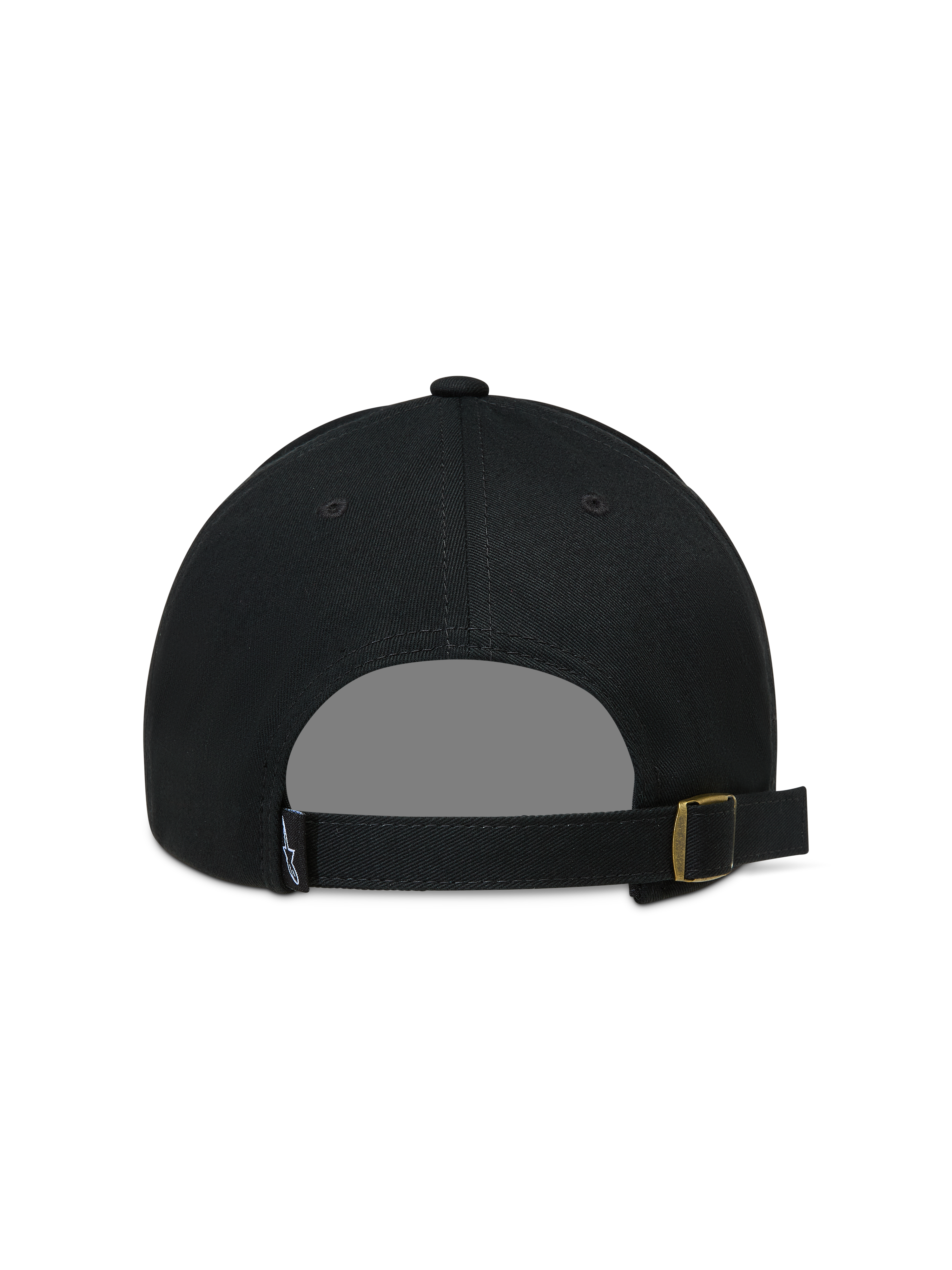 Alpinestars Explorer Strapback Hat, Black Sportswear Cap, rear view with an adjustable strap and gold-tone metal buckle.
