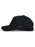 Alpinestars Explorer Strapback Hat, side view of a black sportswear cap with pink embroidered logo and curved bill.