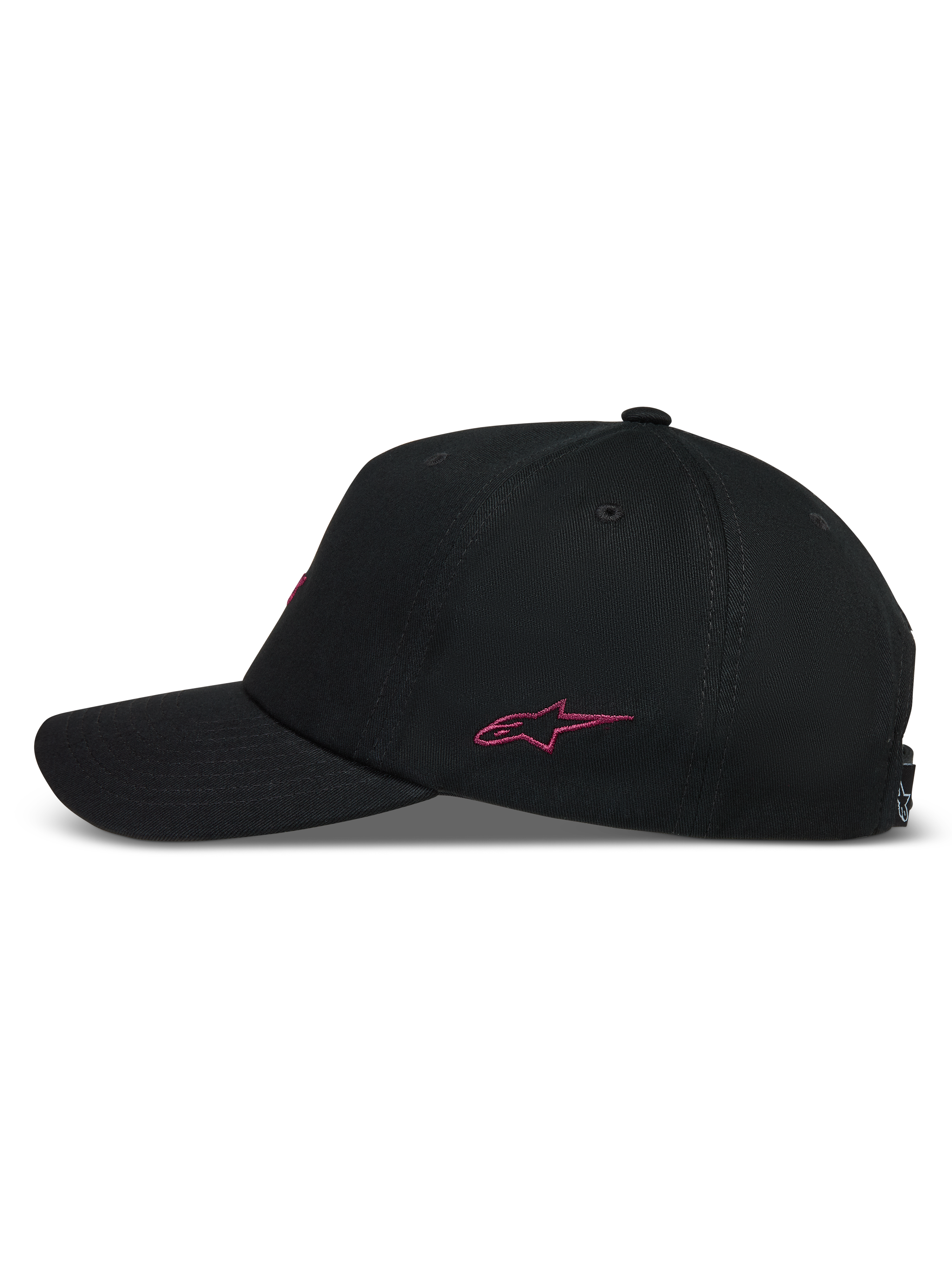Alpinestars Explorer Strapback Hat, side view of a black sportswear cap with pink embroidered logo and curved bill.