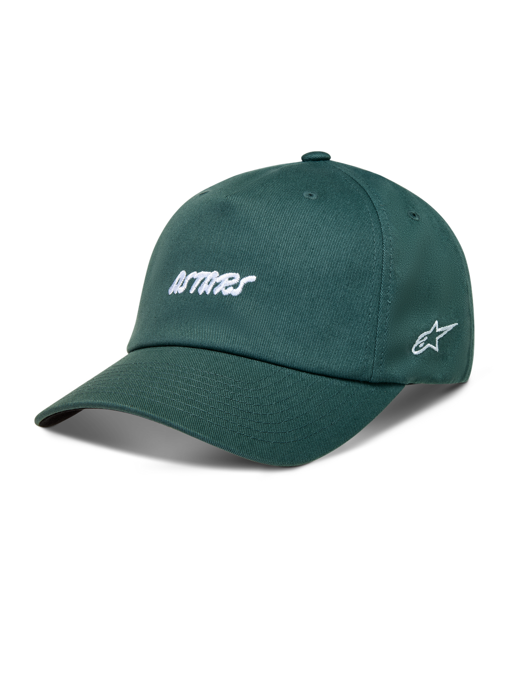 Alpinestars Explorer Strapback Casquette, casquette de sportswear verte en sergé, visière incurvée et logos blancs brodés.