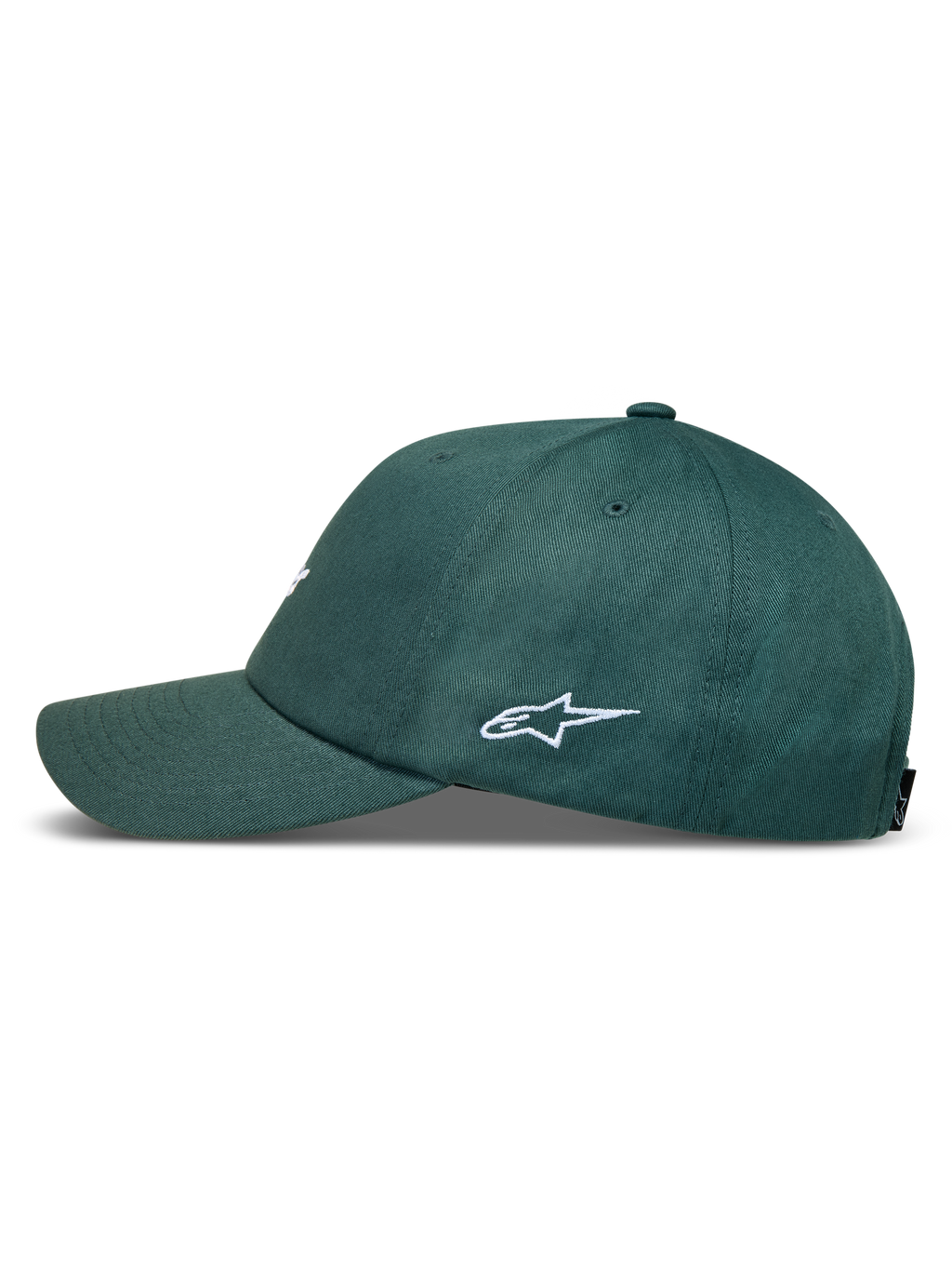Alpinestars Explorer Strapback, casquette verte avec logo blanc brodé, vue de profil et visière incurvée