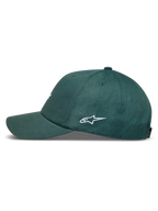 Alpinestars Explorer Strapback, casquette verte avec logo blanc brodé, vue de profil et visière incurvée