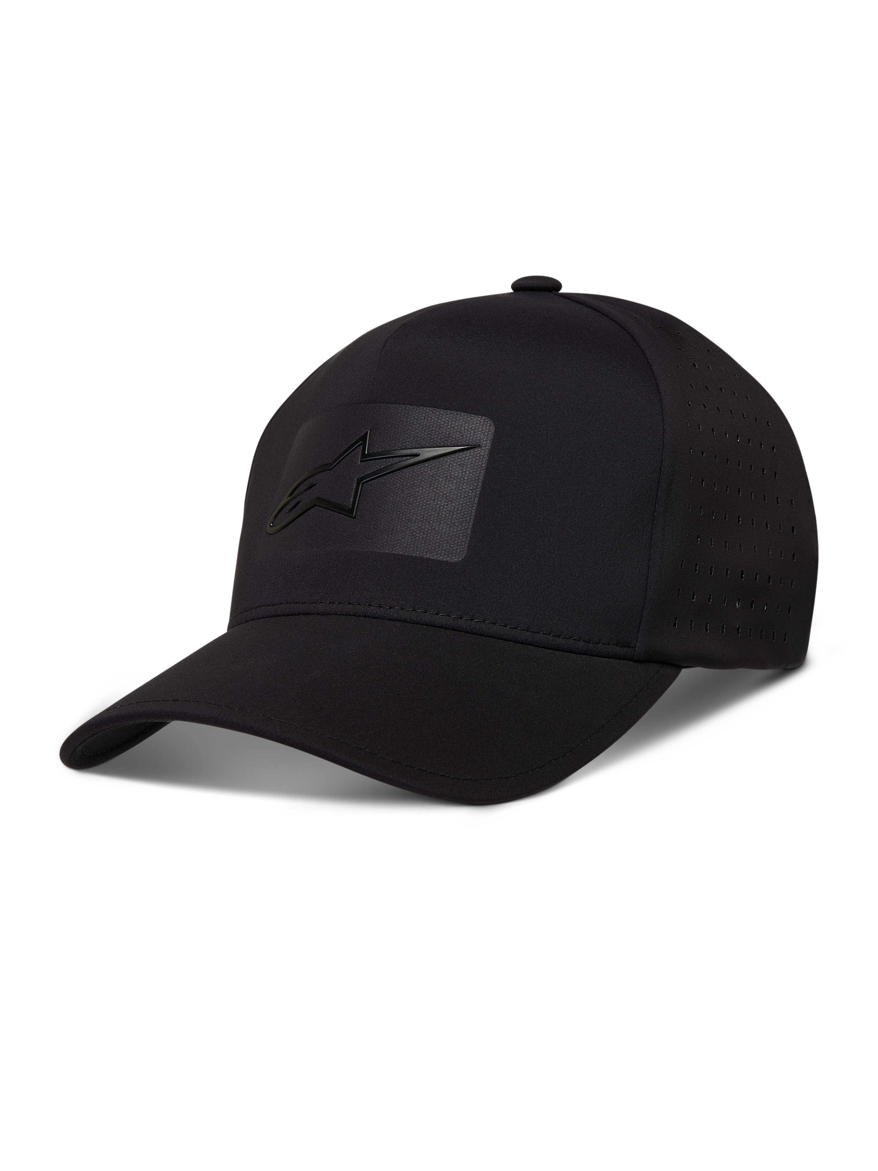Alpinestars Algo Perf Adjustable Casquette, casquette noire en tissu technique avec perforations latérales et logo Astars par soudure sonique, style sportswear