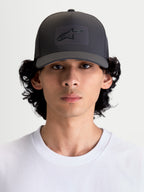 Alpinestars Algo Perf Adjustable Hat, Sportswear Snapback Cap for Men and Women, Dark Grey, featuring a structured crown, curved bill, and sonic-weld Astars logo heat stamp on technical fabric, on-model front view.