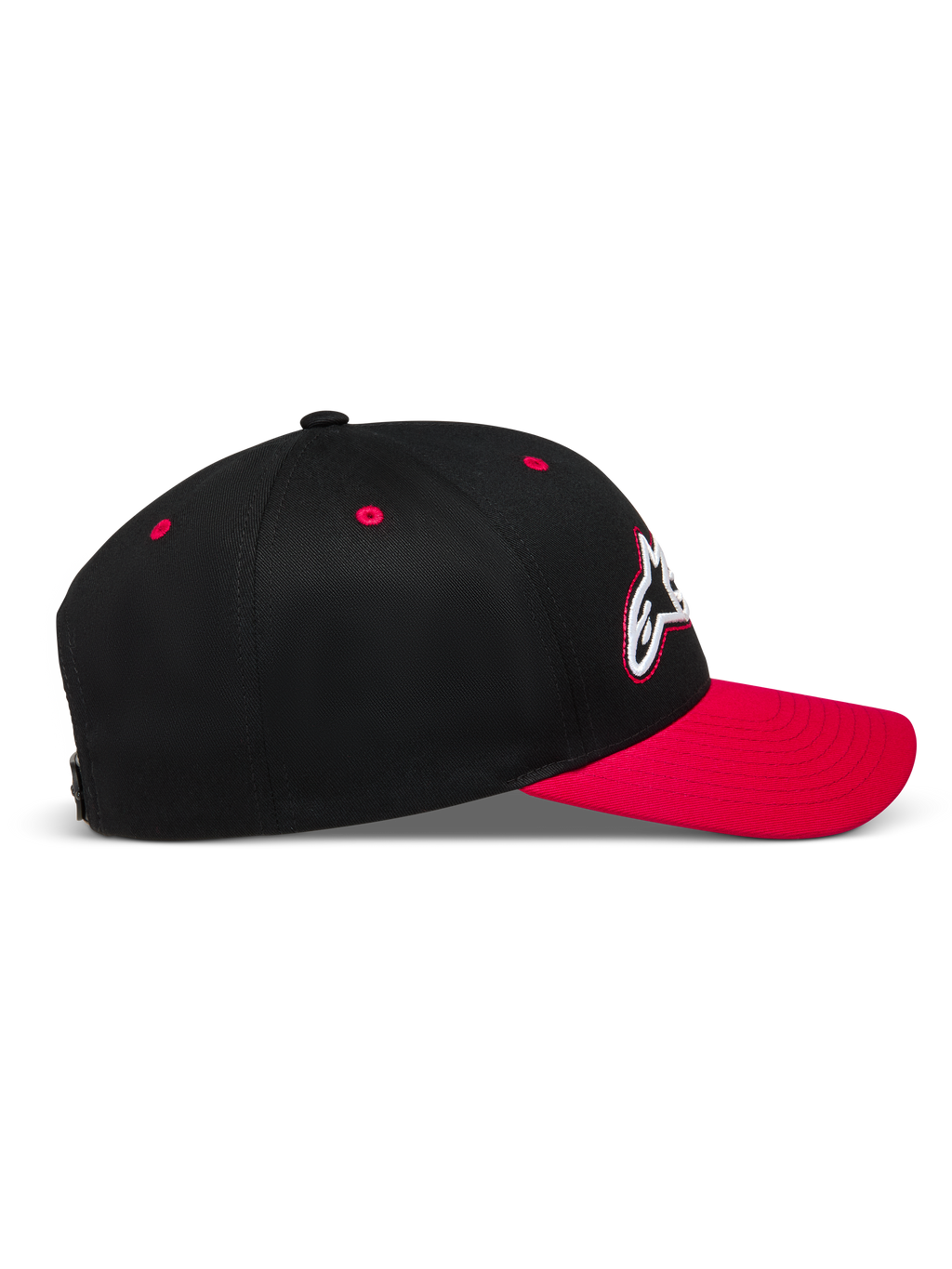 Alpinestars Retro Snapback, casquette sportswear noire et rouge, vue de profil avec visière incurvée