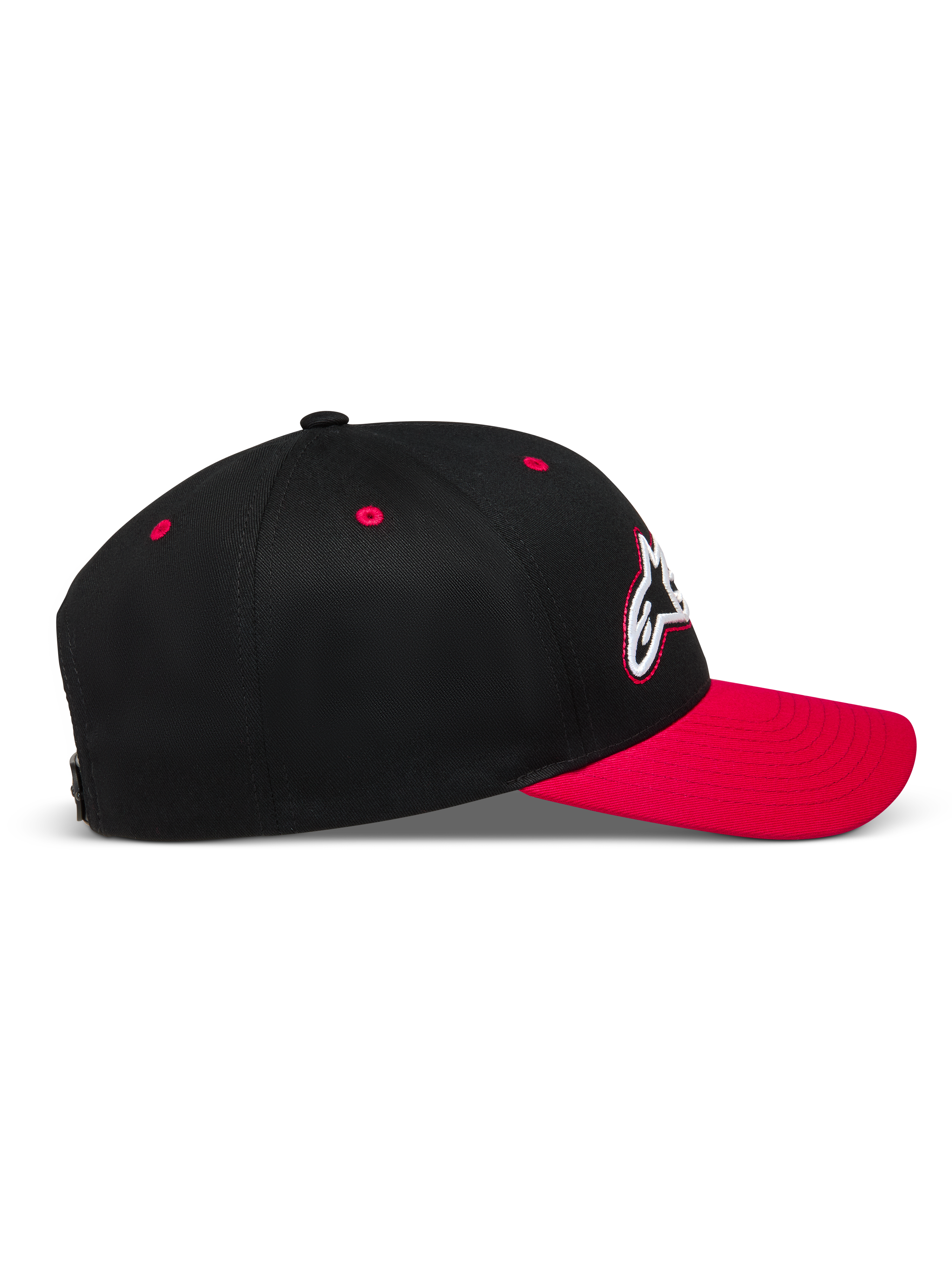 Alpinestars Retro Snapback, casquette sportswear noire et rouge, vue de profil avec visière incurvée