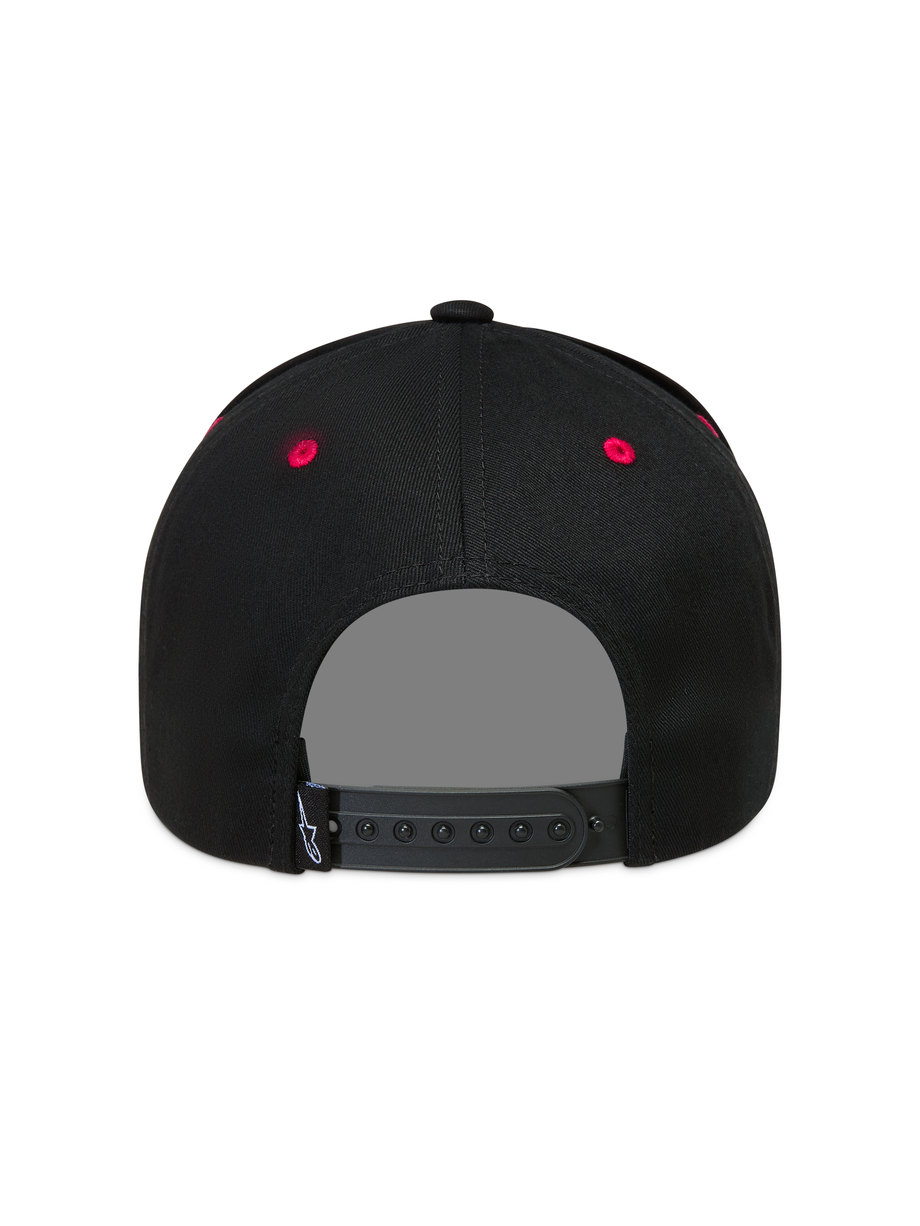 Alpinestars Retro Snapback, casquette sportswear noire et rouge, vue de dos avec attache snapback et œillets rouges.