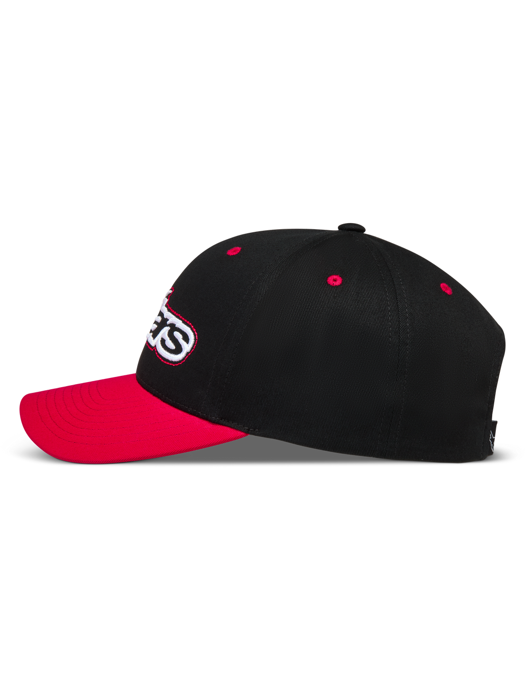 Alpinestars Retro Snapback, casquette de sportswear noire et rouge, vue de profil avec visière incurvée