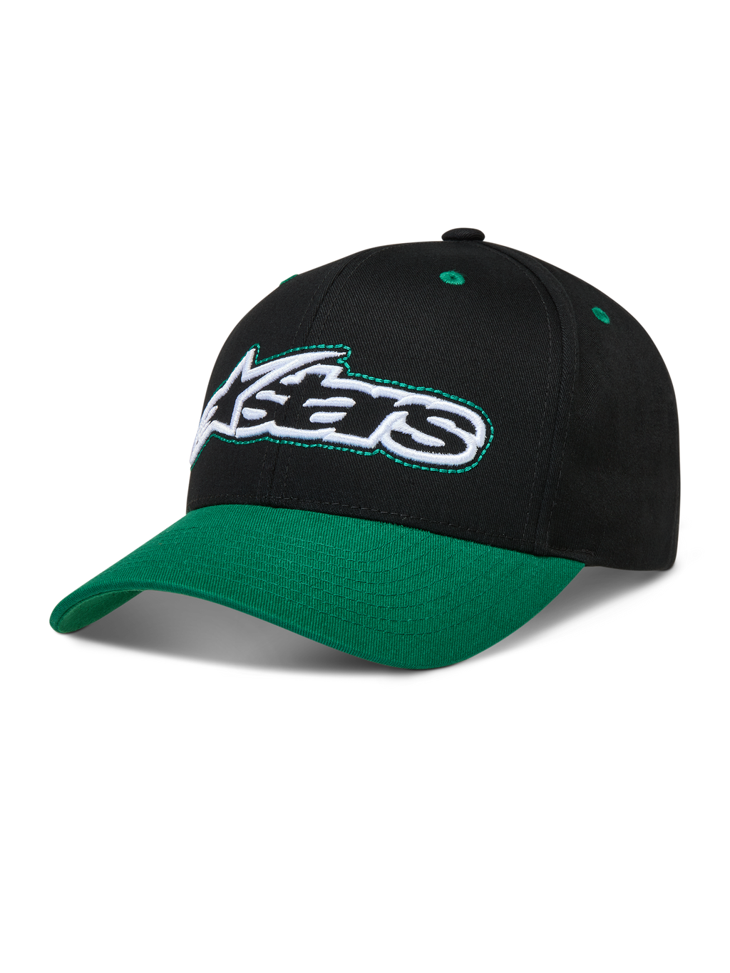 Alpinestars Retro Snapback hoed, zwart en groen, gebogen klep, gestructureerde kroon, geborduurd Astars-logo.