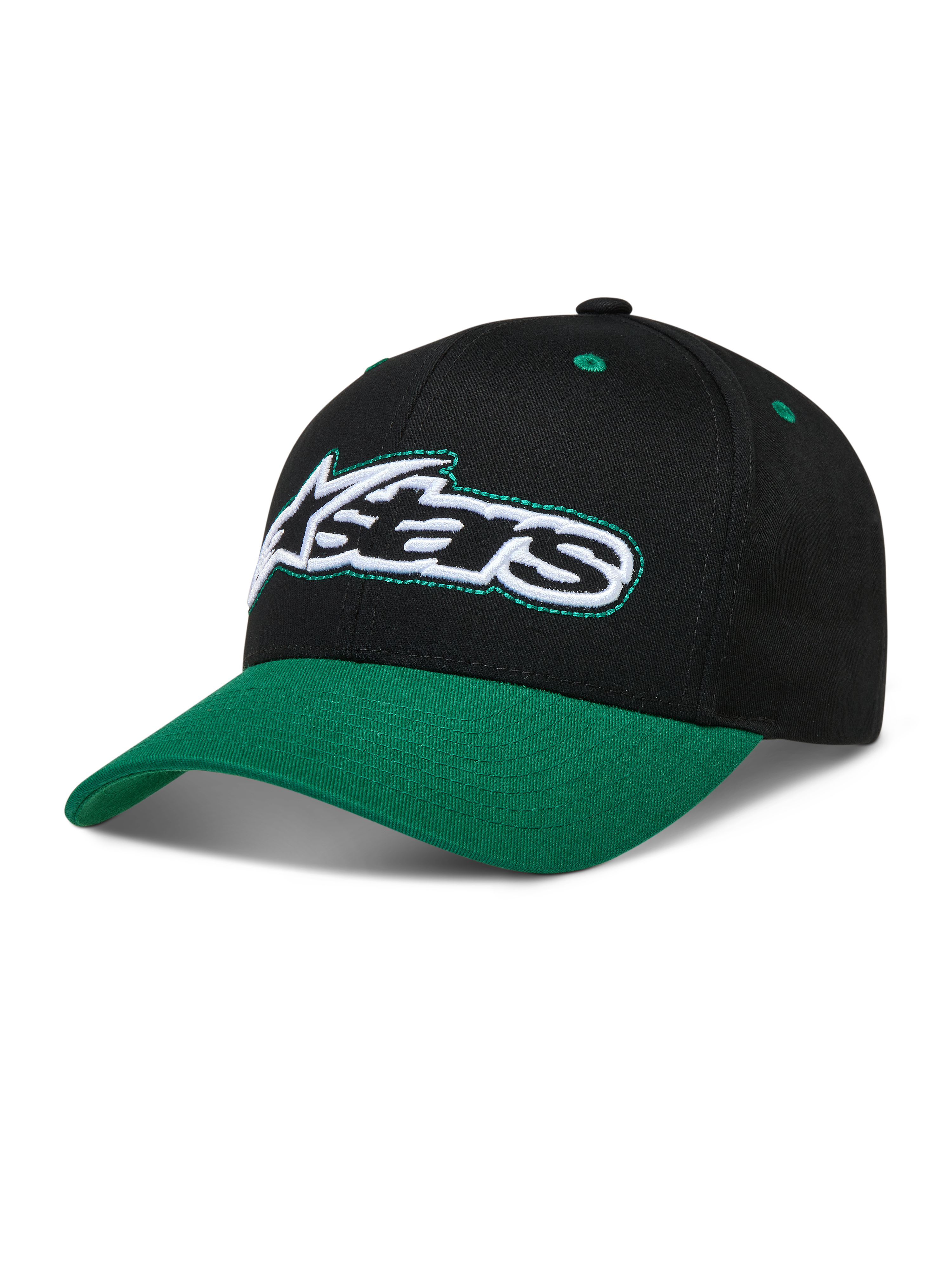 Alpinestars Retro Snapback hoed, zwart en groen, gebogen klep, gestructureerde kroon, geborduurd Astars-logo.