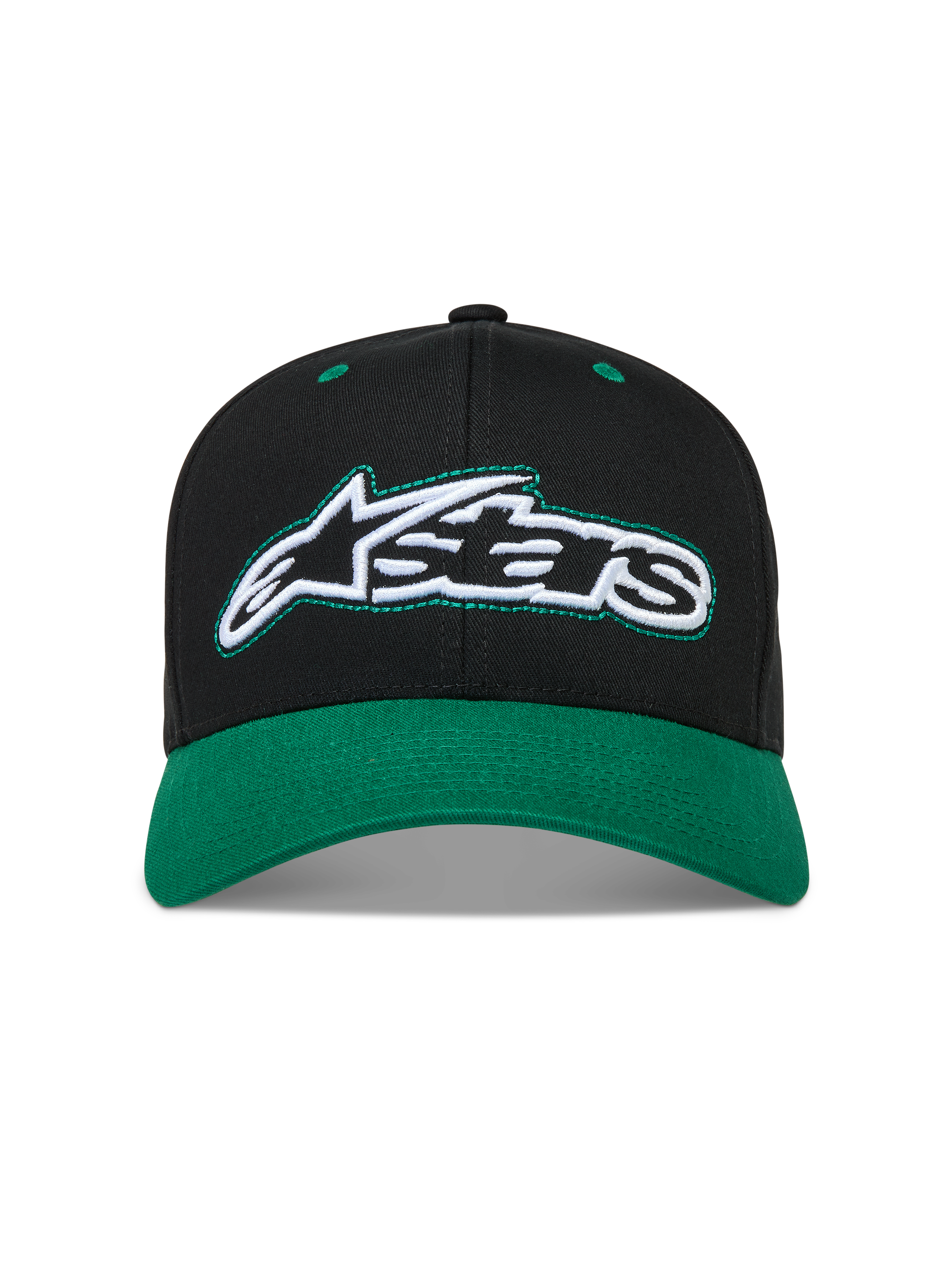 Alpinestars Retro Snapback hoed, zwarte en groene sportswear pet van katoenen keperstof met een gebogen klep en geborduurd logo.