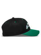 Alpinestars Retro Snapback hoed, zwarte pet met een groene gebogen klep en wit Astars-logo, casual sportswear baseballpet van keperstof.